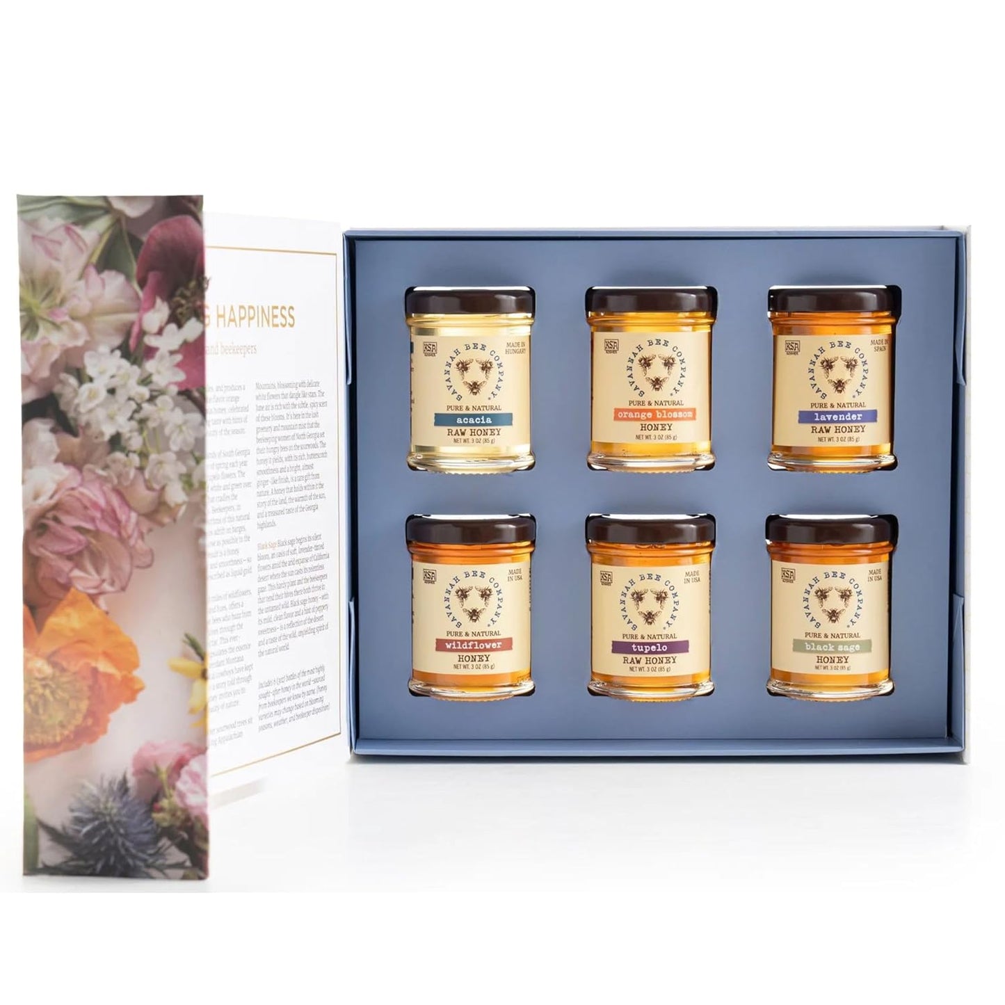 Blossom to Bottle - Honey Gift with Tupelo, Lavender, Wildflower, Black Sage, Acacia and Orange Blossom Honeys - Pure and Natural