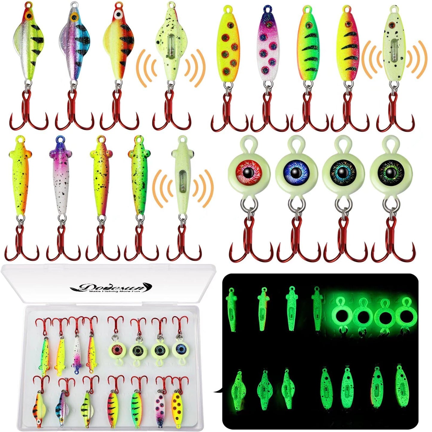 Dovesun Ice Fishing Jigs Ice Fishing Lures Kit Rattling Glow Ice Fishing Spoons for Bass Crappie Panfish Mens Fishing Gifts 15PCS/4PCS/3PCS