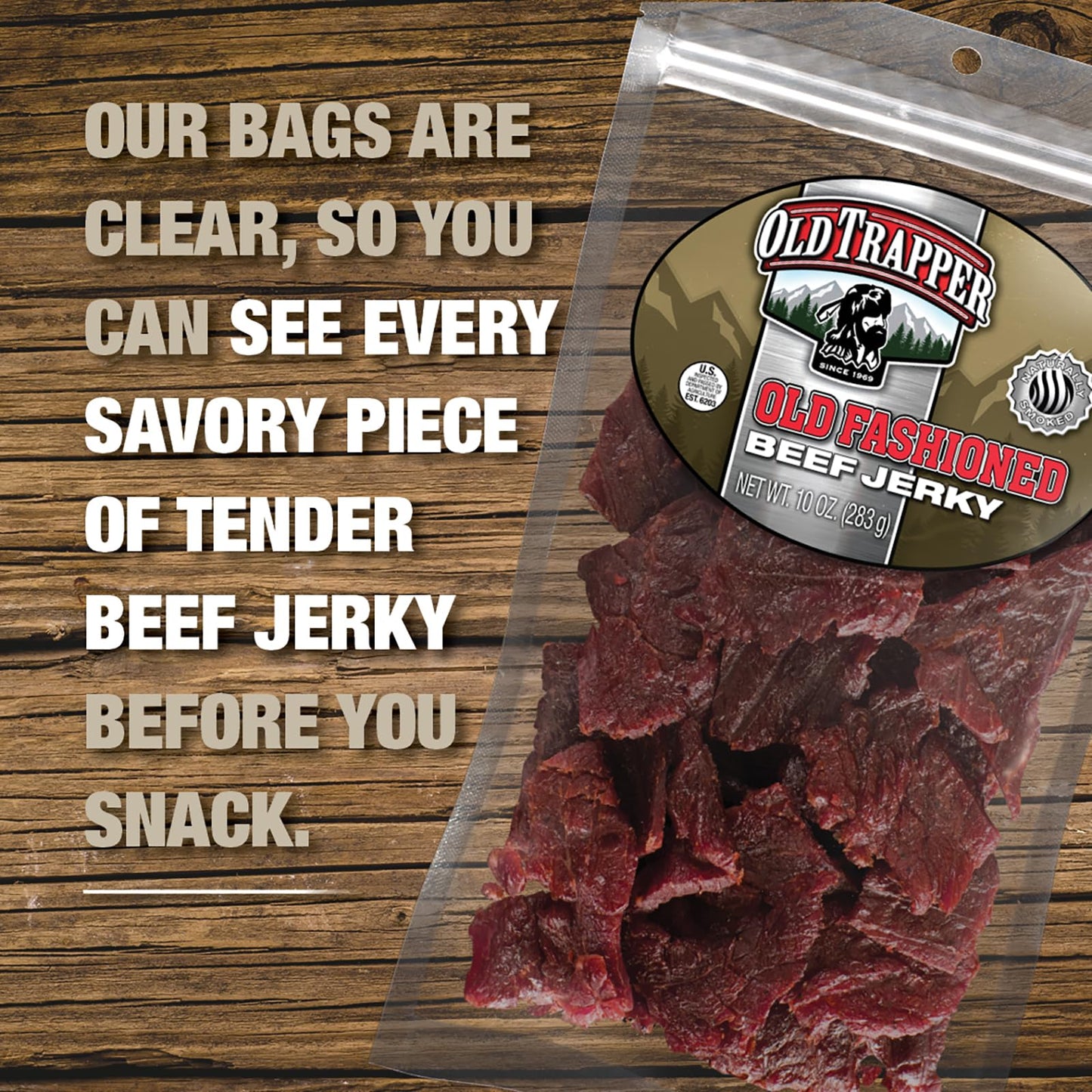 Old Trapper Beef Jerky, Old-Fashioned 10-Ounce Bag, Tender Meat Snacks for Lunches or Between Meals, 11 Grams of Protein, Zero Grams of Fat, and 70 Calories per Ounce (Pack of One)