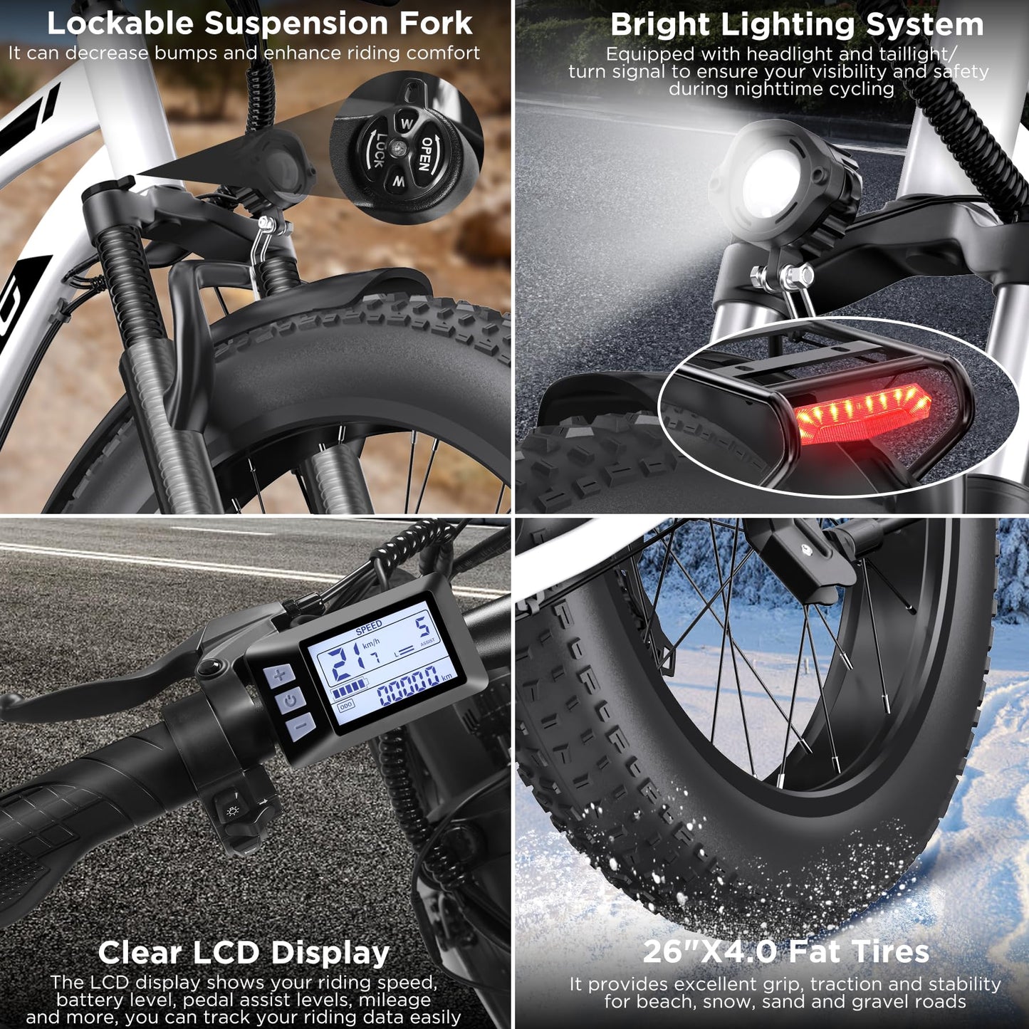 Electric Bike for Adults, 1000W Peak Ebike, 25MPH 60Miles Electric Mountain Bike, 26" Fat Tire Electric Bicycle with 48V 13AH Battery, Rear Rack, Turn Signal, Lockable Suspension Fork,7 Speed