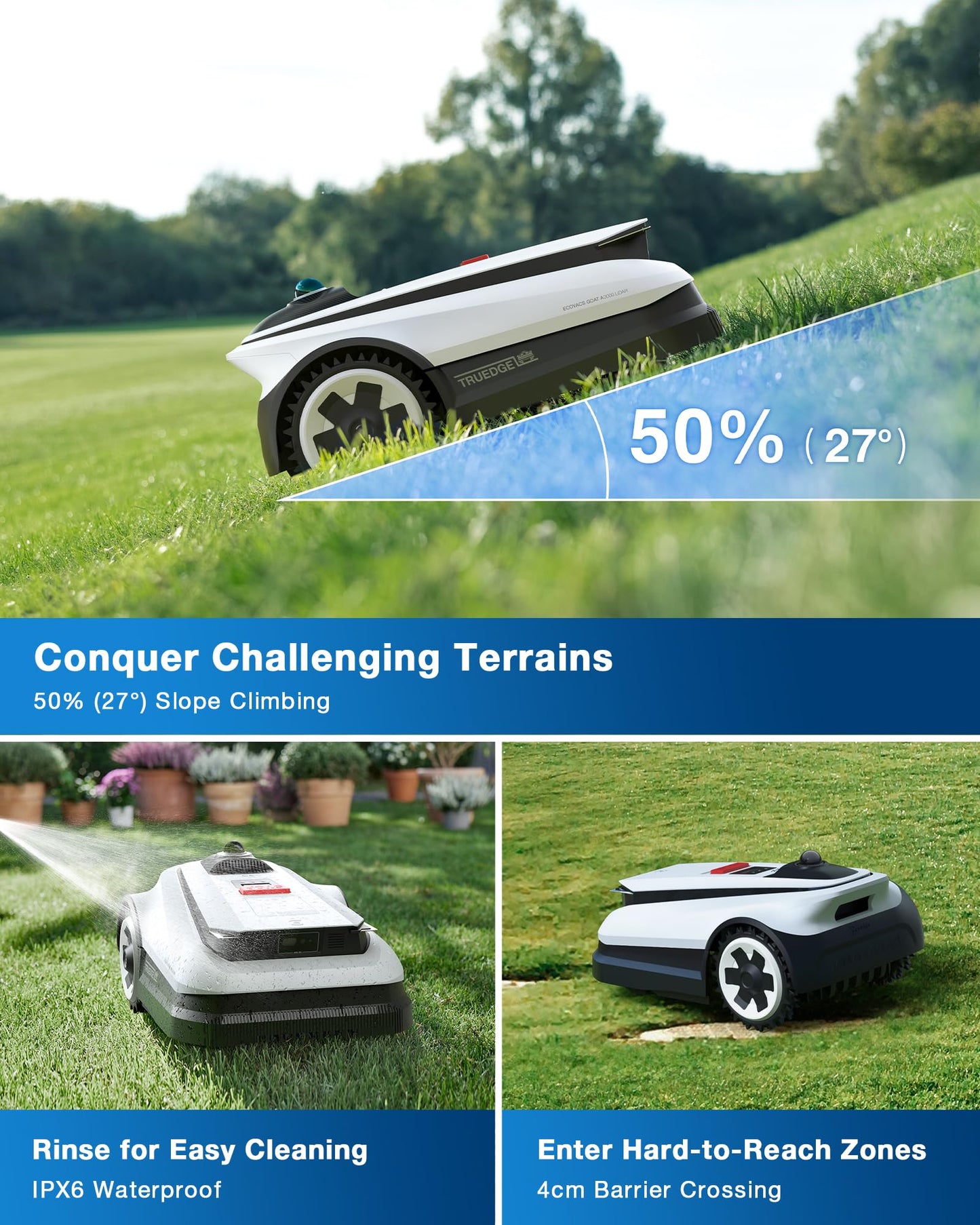 ECOVACS Goat A2500 RTK Robot Lawn Mower, Lidar-Enhanced RTK+Vision Navigation, Auto-Mapping, Dual Blades, Edge Precision Mowing, Perimeter Wire-Free, Suitable for 5/8 Acres Lawn, 50% Slope Capability