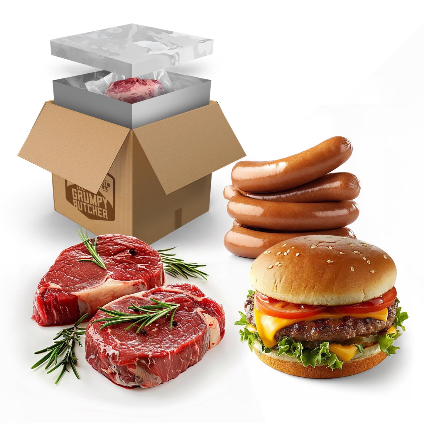 Grumpy Butcher Box Meat Food Gifts: 2 Top Sirloins Steaks (6 oz), 2 Duroc Bone in Pork Chops (14 oz) & 2 Cheese Stuffed Chicken Breasts Wrapped in Bacon (8 oz) - Gourmet Gift Basket for Men