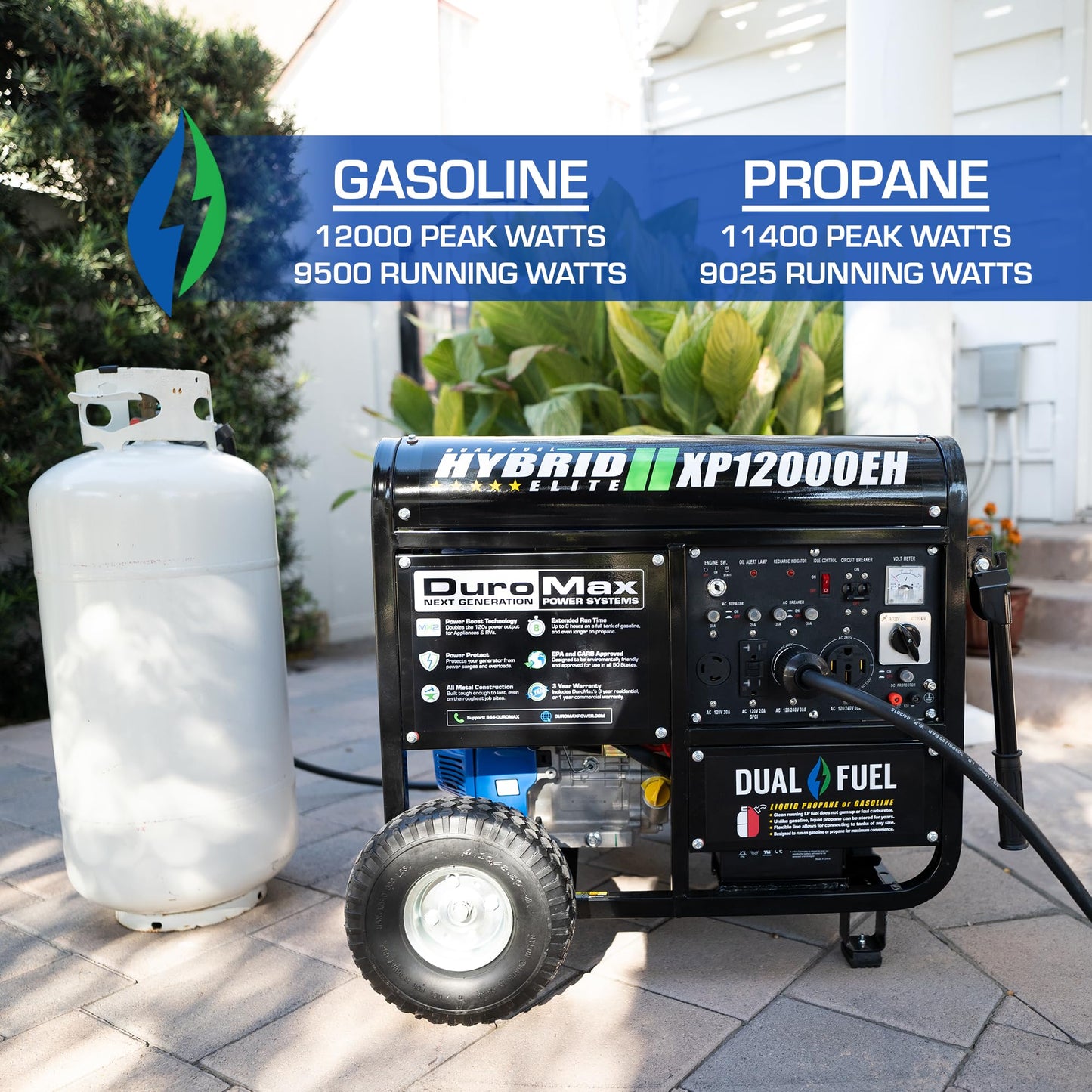 DuroMax XP13000EH 13,000-Watt Dual Fuel Portable Generator - Gas & Propane, Electric Start, Whole Home Backup Power, Transfer Switch Ready, RV & Emergency Ready