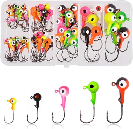 OROOTL Fishing Jig Heads Hooks Set, 60pcs Assorted Round Jig Head with 3D Eyes Painted Jig Heads for Crappie Bass Walleye 3/8oz 1/4oz 1/8oz 1/16oz 1/32oz Saltwater Freshwater Fishing Tackle Kit