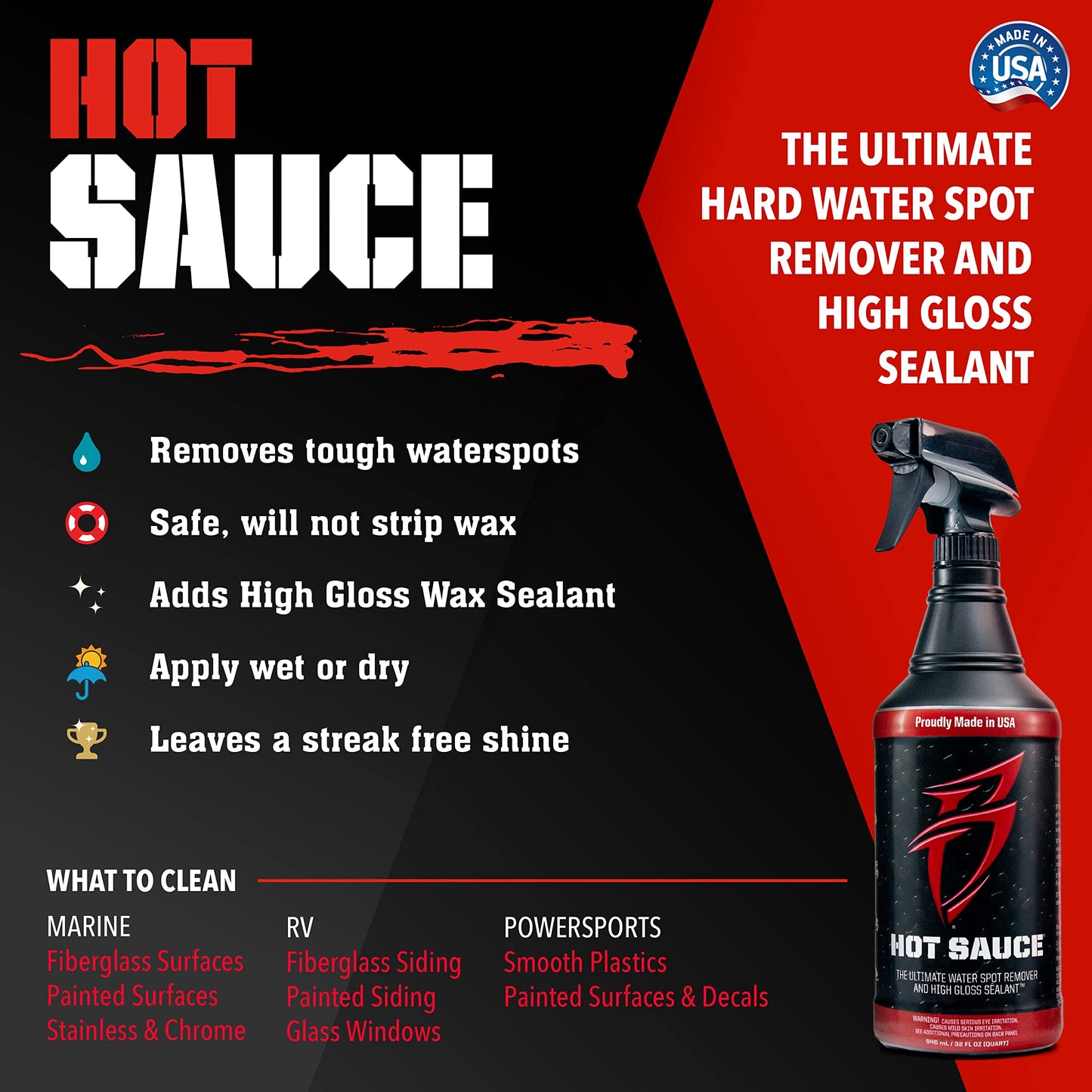 Boat Bling Hot Sauce Premium Hard Water Spot Remover w/High-Gloss Wax Sealants, 32 oz.