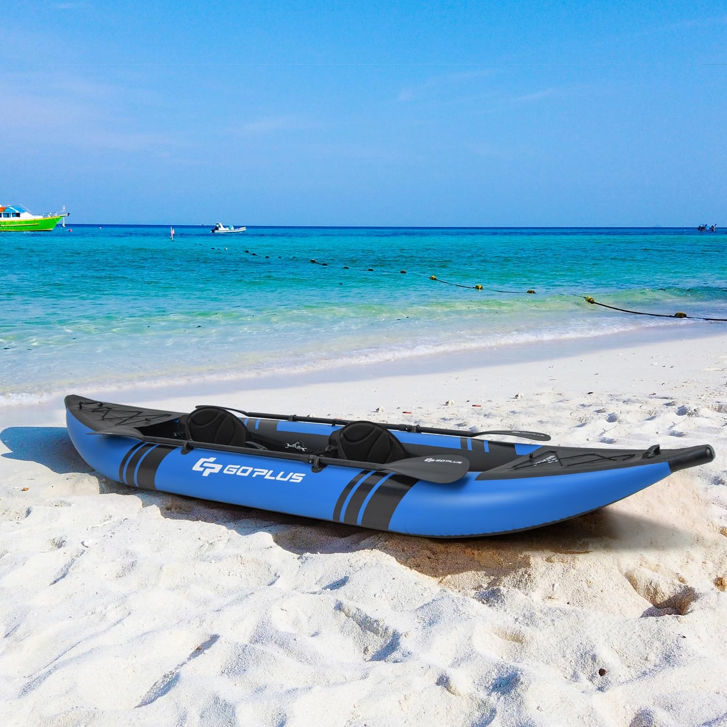 Goplus Inflatable Kayak, 2-Person Kayak Set for Adults with 507 LBS Weight Capacity, 2 Aluminium Oars, EVA Padded Seat, 2 Fins, Hand Pump, Carry Bag, Repair Kit, Portable Touring Kayaks