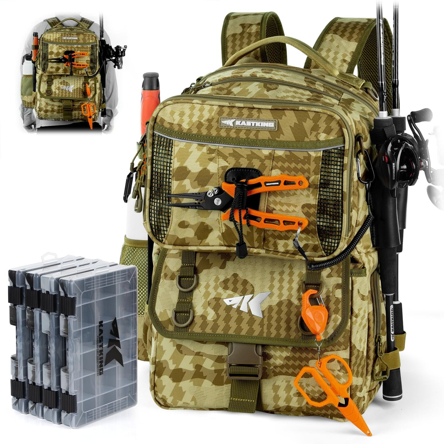 KastKing BaitSpace 50L Fishing Tackle Backpack with Removable Bait Binder & 4 Tackle Boxes, Rod Holders Storage Fishing Gear