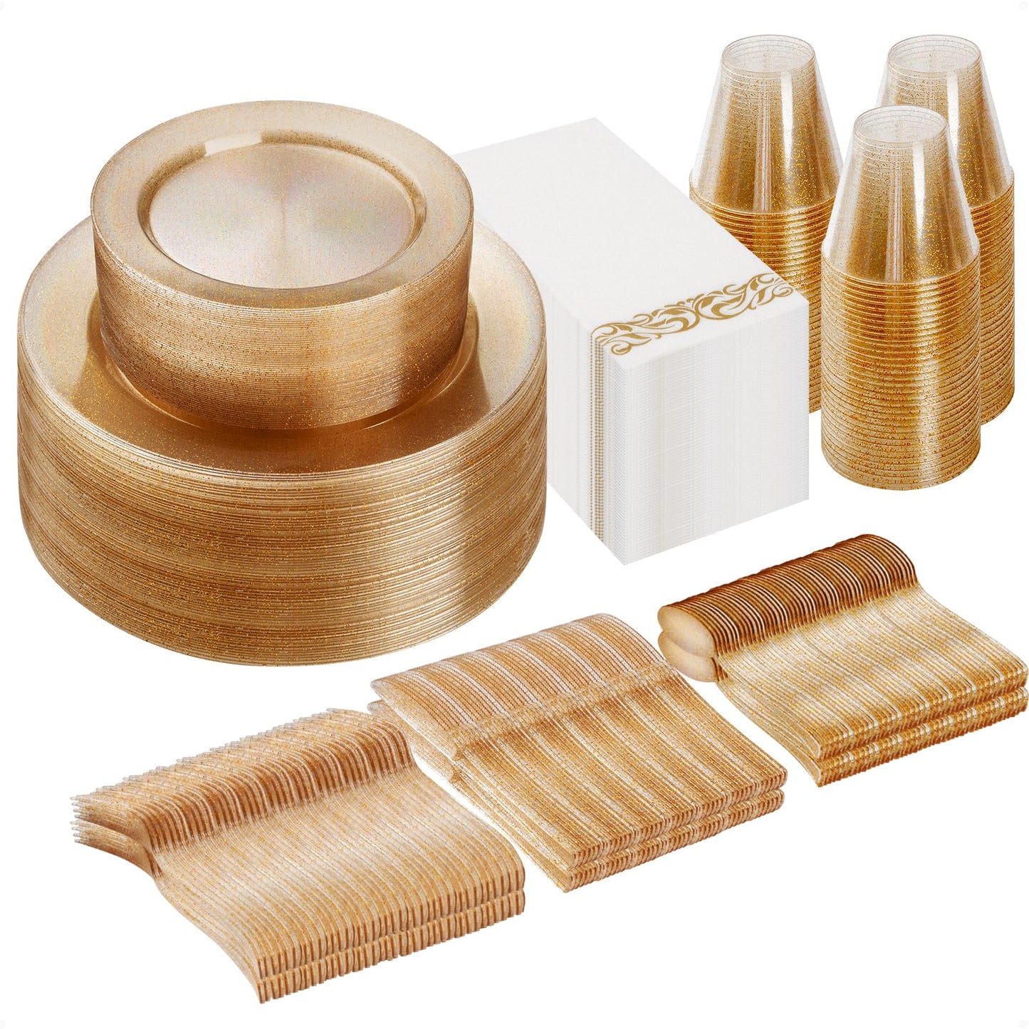 Goodluck 700 Piece Silver Dinnerware Set for 100 Guests, Disposable Plastic Plates for Party, Include: 100 Dinner Plates, 100 Dessert Plates, 100 Paper Napkins, 100 Cups, 100 Silverware set