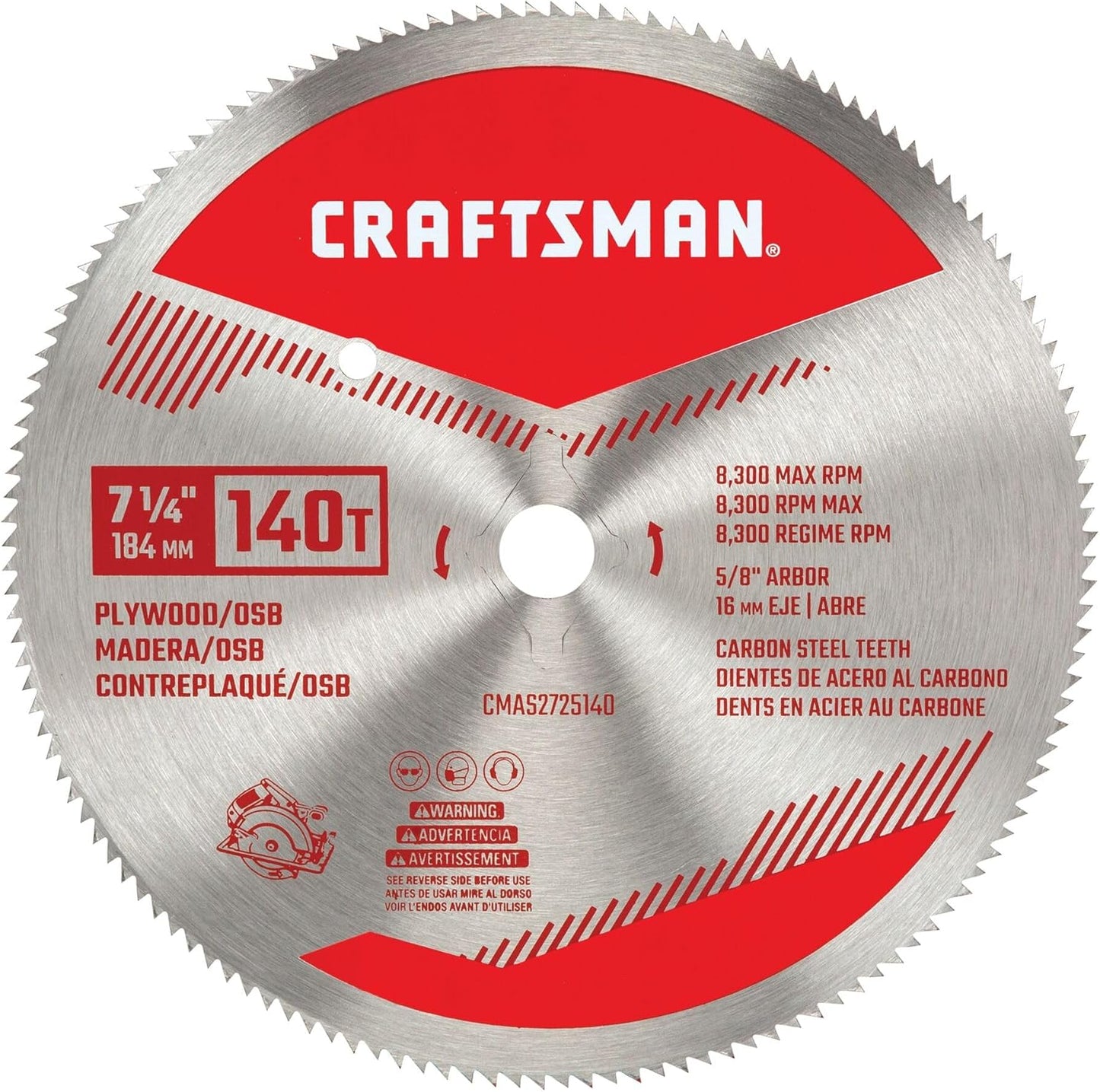 CRAFTSMAN 7-1/4 Inch 140 Tooth Fine Finish Carbon Circular Saw Blade for Plywood, OSB, and Plastic (CMAS2725140)