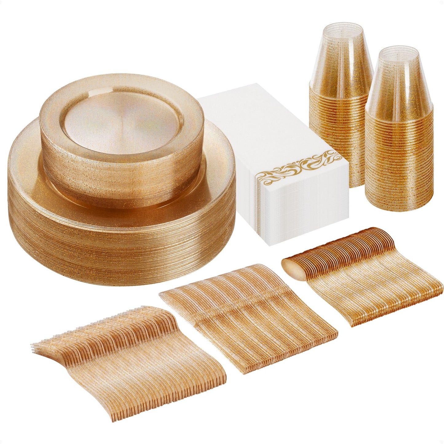 Goodluck 700 Piece Silver Dinnerware Set for 100 Guests, Disposable Plastic Plates for Party, Include: 100 Dinner Plates, 100 Dessert Plates, 100 Paper Napkins, 100 Cups, 100 Silverware set
