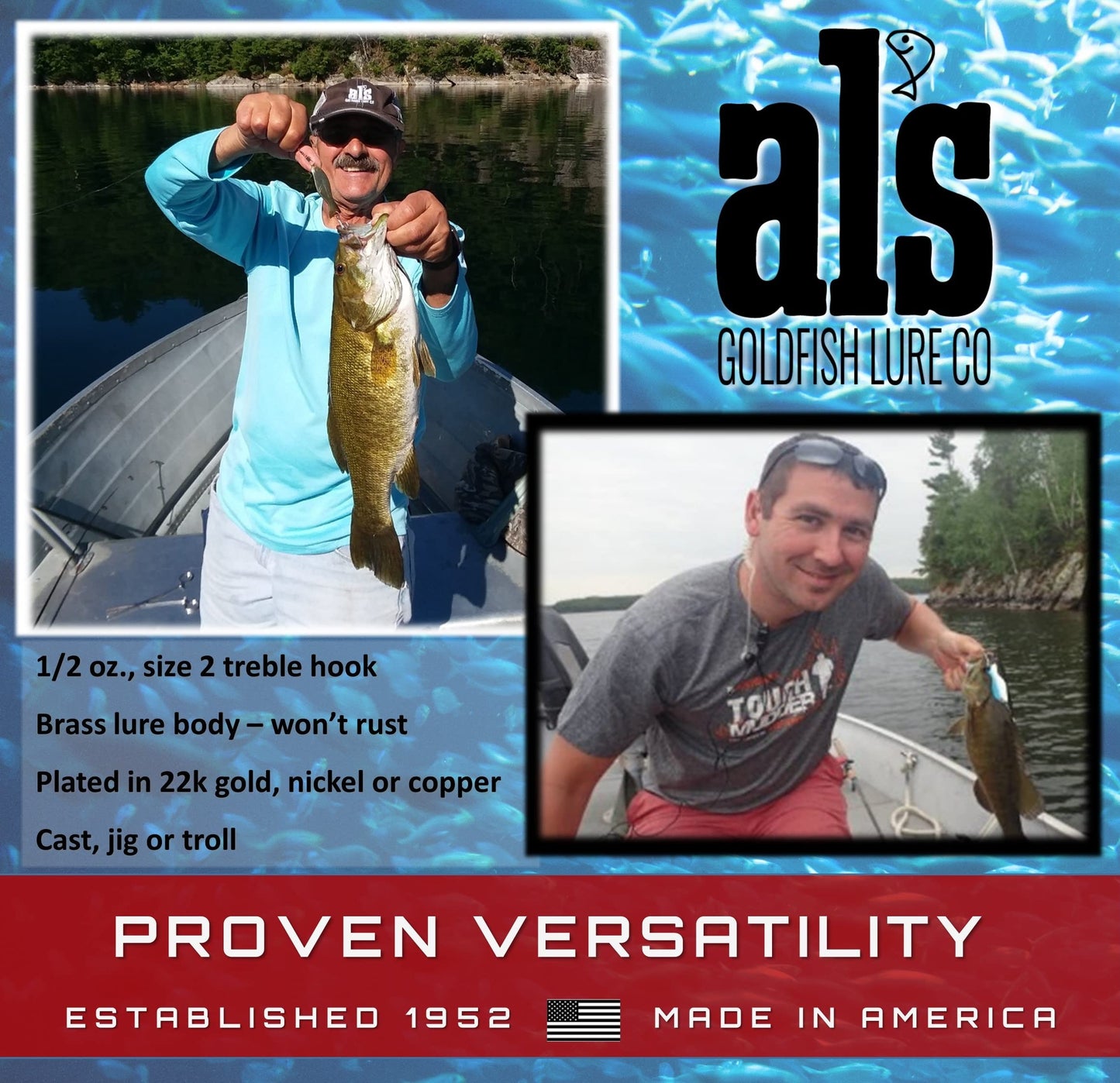 AL's Goldfish Lure Company, Rust Free Goldfish Freshwater Fishing Spoon, Treble Hook, Trout, Salmon, Bass, Walleye, Crappie, Panfish, and Pike. Sizes 3/16 oz., 1/4 oz. or 1/2 oz