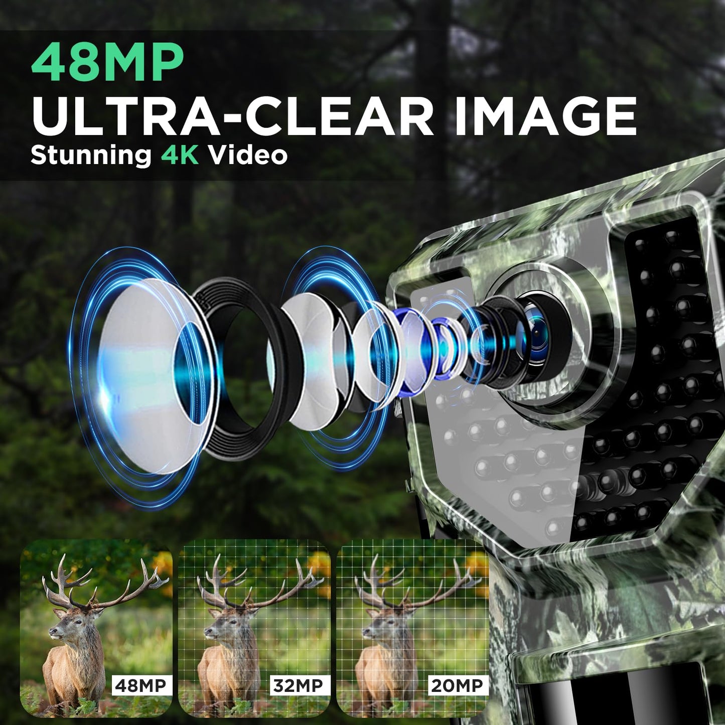 Vikeri Trail Camera, 4K 48MP Game Camera with Night Vision Motion IP66 Waterproof 130°Wide-Angle, 0.05s Trigger Hunting Trail Cam with 48pcs No Glow Infrared LED for Wildlife Monitoring