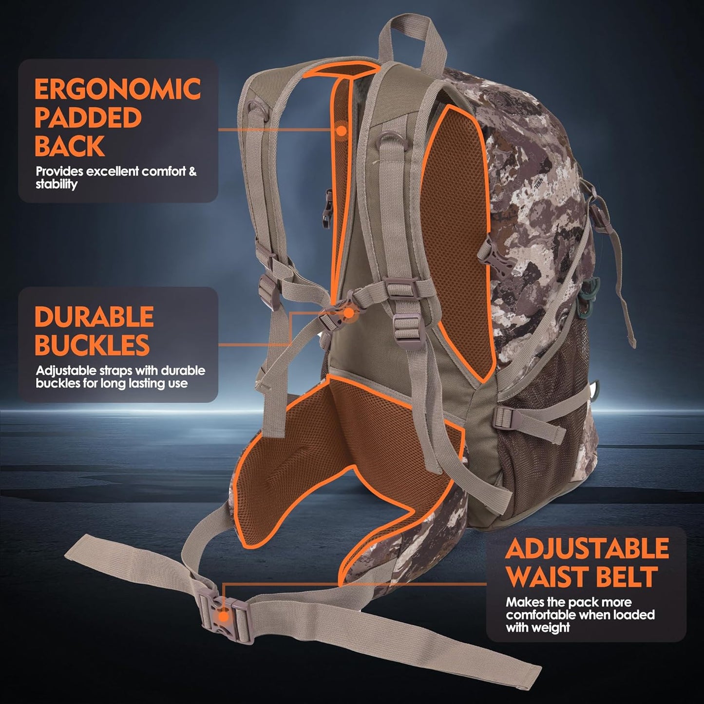 Hunting Backpack, 38L Camouflage Hunting Backpack with Waterproof Rain Cover, Durable Large Capacity Hunting Day Pack for Hiking, Fishing, Shooting