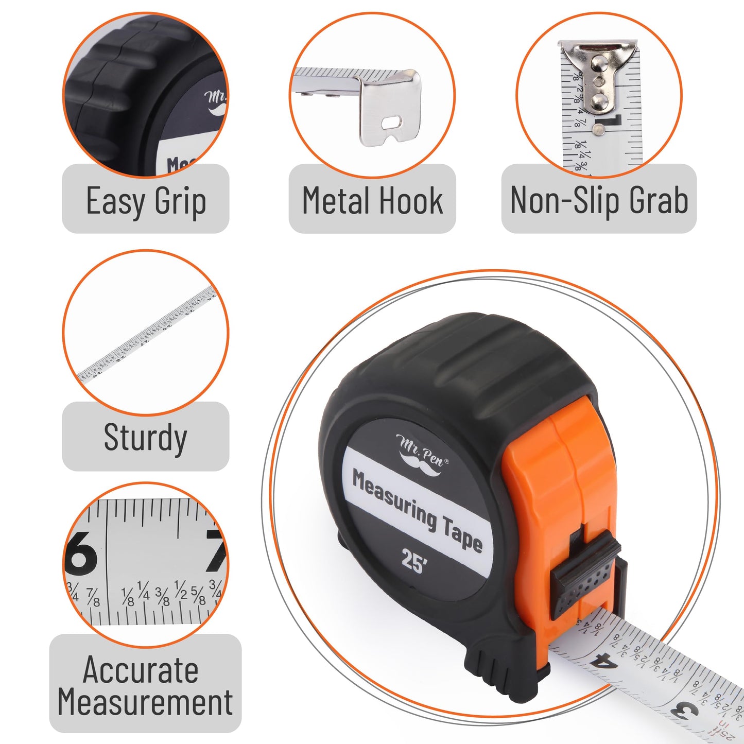 Mr. Pen 25-Foot Steel Retractable Tape Measure with Easy Read Fractions