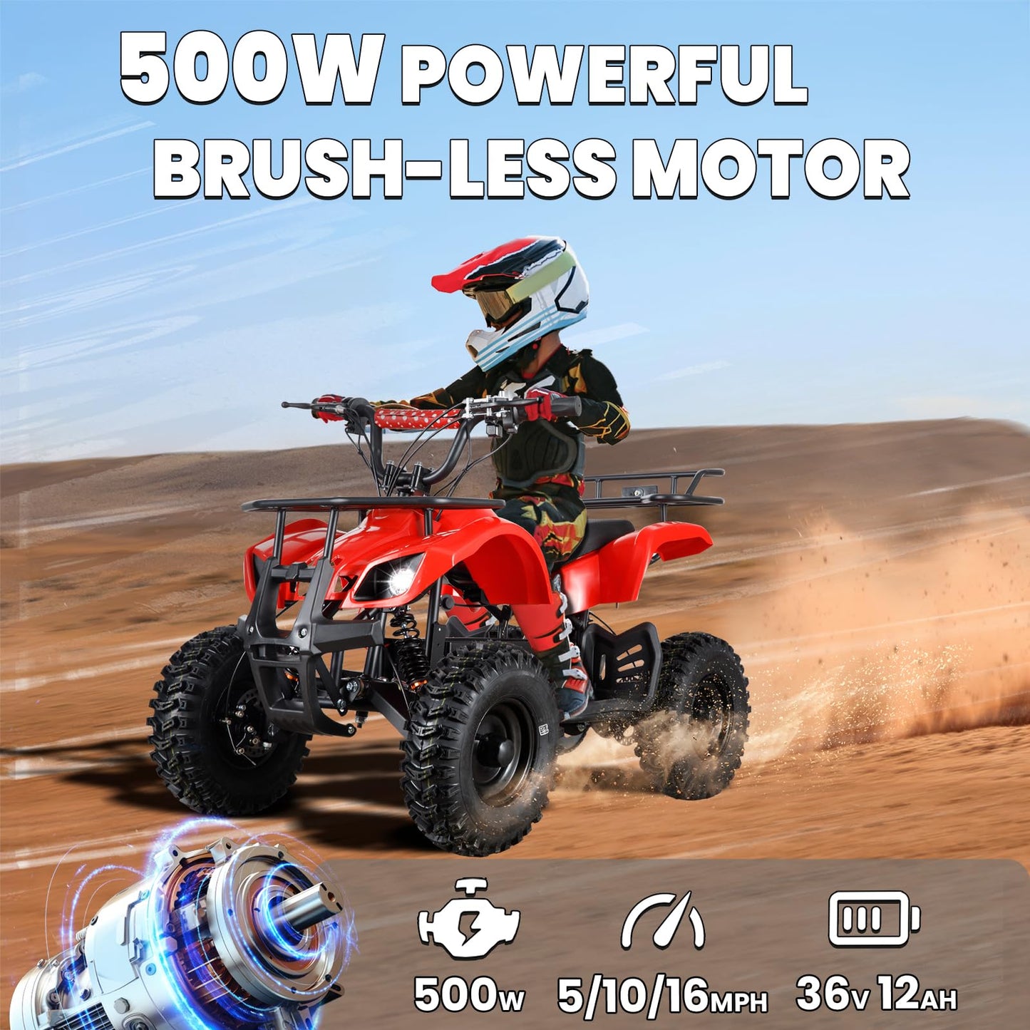 36V Electric ATV Dirt Quad Electric Four-Wheeled ATV with 500W Brushless Powerful Motor Off-Road Vehicle Electric Kids ATV Ride on ATV for Big Boys Girls Ages 5+, Black