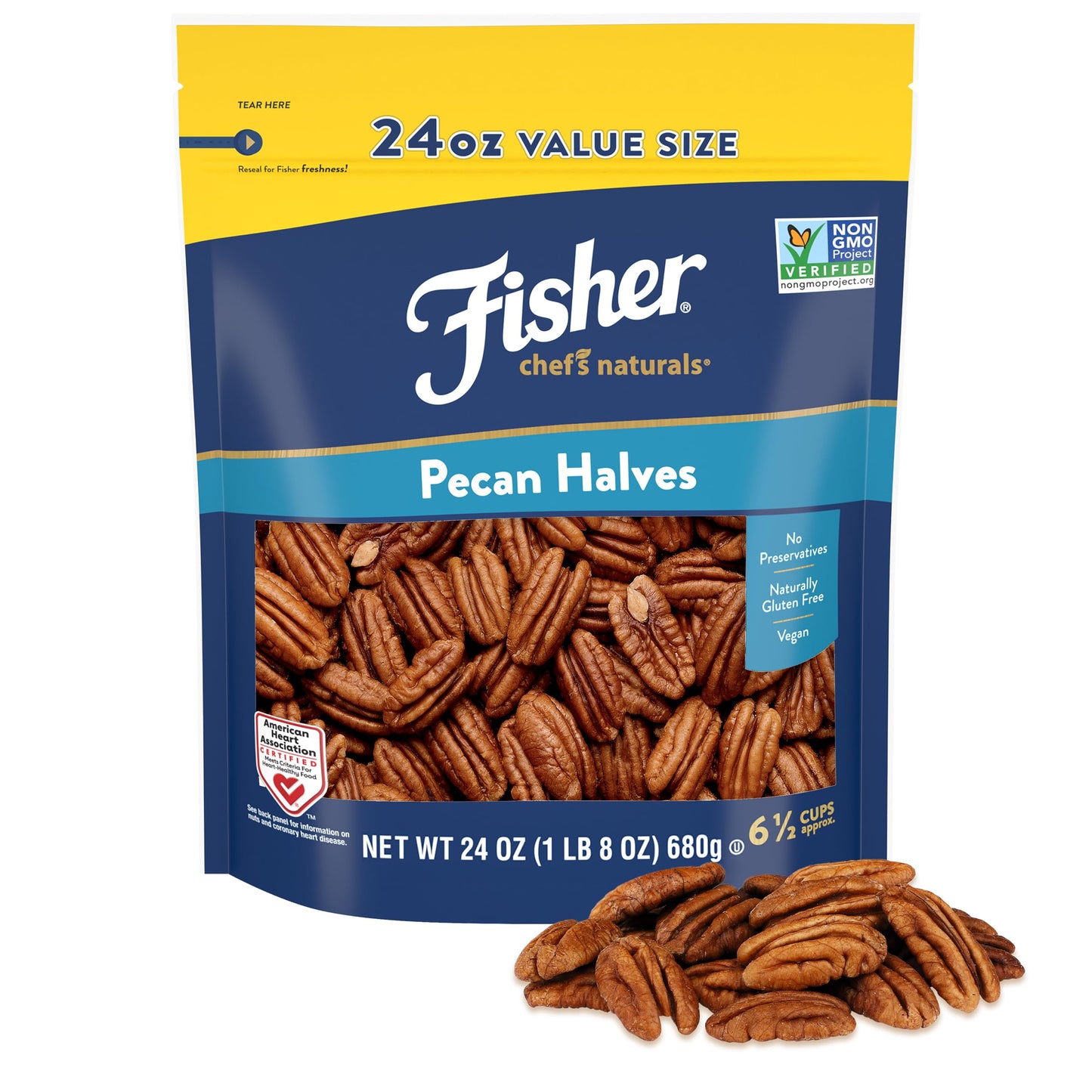 Fisher Chef's Naturals Pecan Halves 24 oz Resealable Bag, Unsalted Raw Nuts for Cooking, Baking & Snacking, Healthy Snacks for Adults, Vegan Protein, Keto Snack, Gluten Free Raw Pecans Halves
