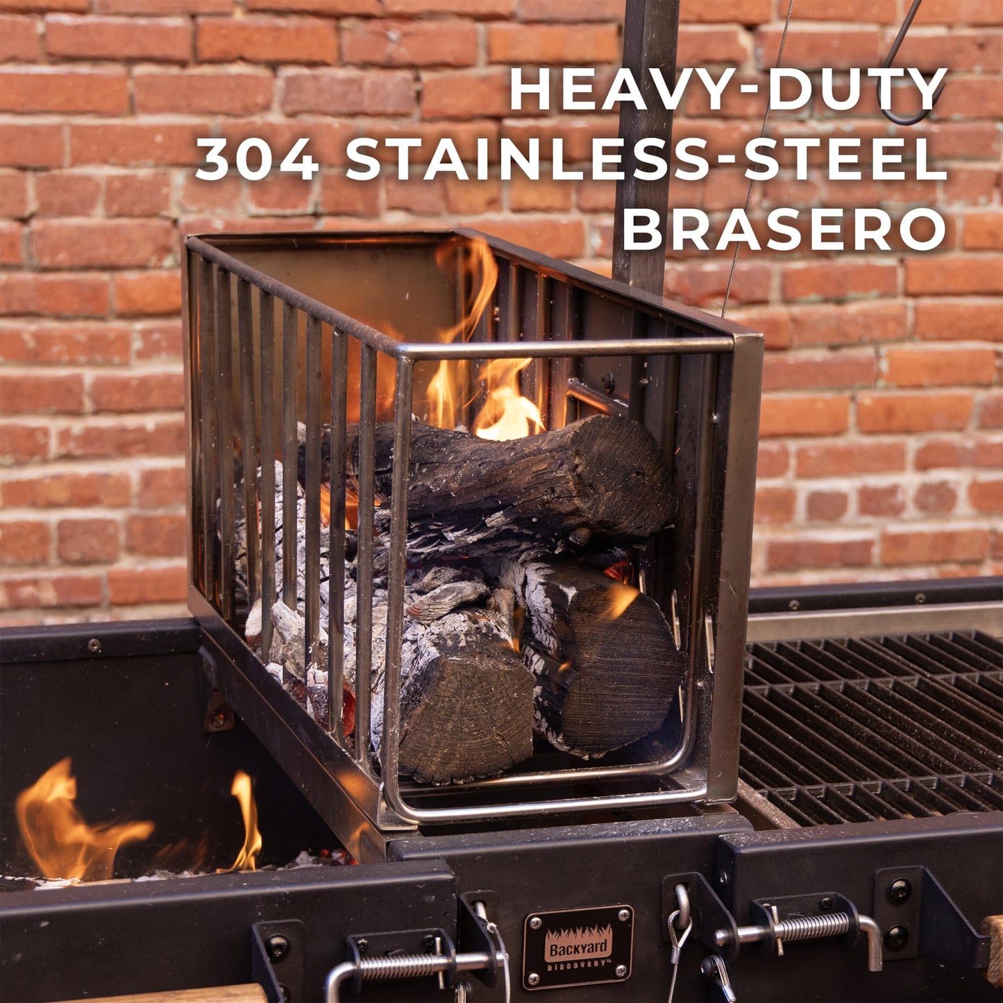 Backyard Discovery Argentine Santa Maria Wood Fire & Charcoal BBQ Grill with Brasero, Adjustable Grill Grates, Fire Bricks, Heavy-Duty Steel, S-Hooks, Acacia Wood Table for Outdoor Gaucho Grilling