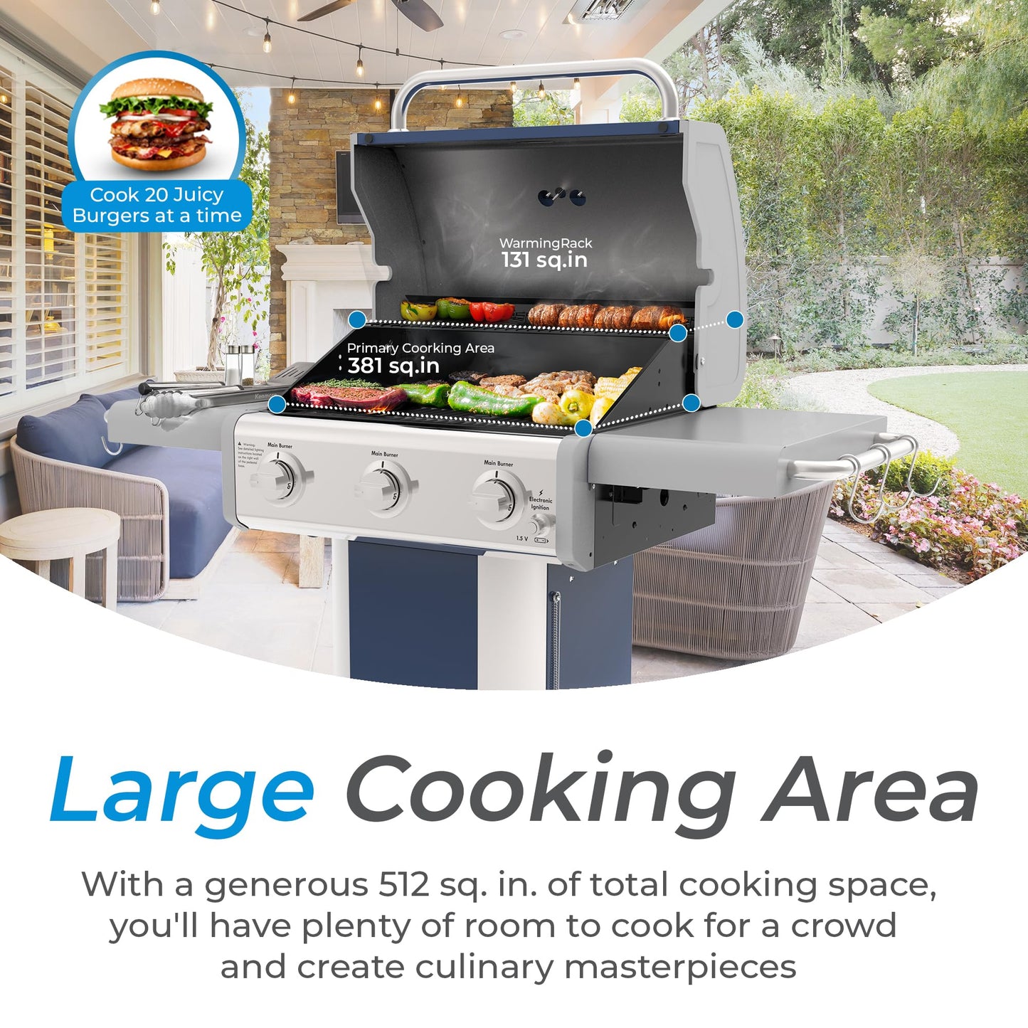 Kenmore 3-Burner Propane BBQ Grill, 30,000 BTUs Gas Grill with Cast Iron Cooking Grates, Folding Side Tables & Wheels, Outdoor Grill with Tool Hooks, Azure Blue