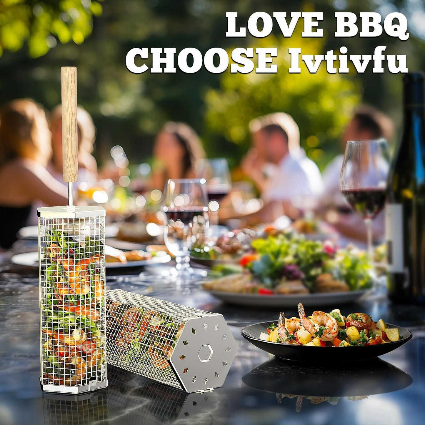 Rolling Grill Baskets(2PCS, Hexagon), Removable Wooden Handle, 304 Stainless Steel, Nesting Grilling Net, BBQ Accessories Tools for Vegetables Shrimp, Outdoor Cooking Camping, Birthday Gifts for Men Dad Husband
