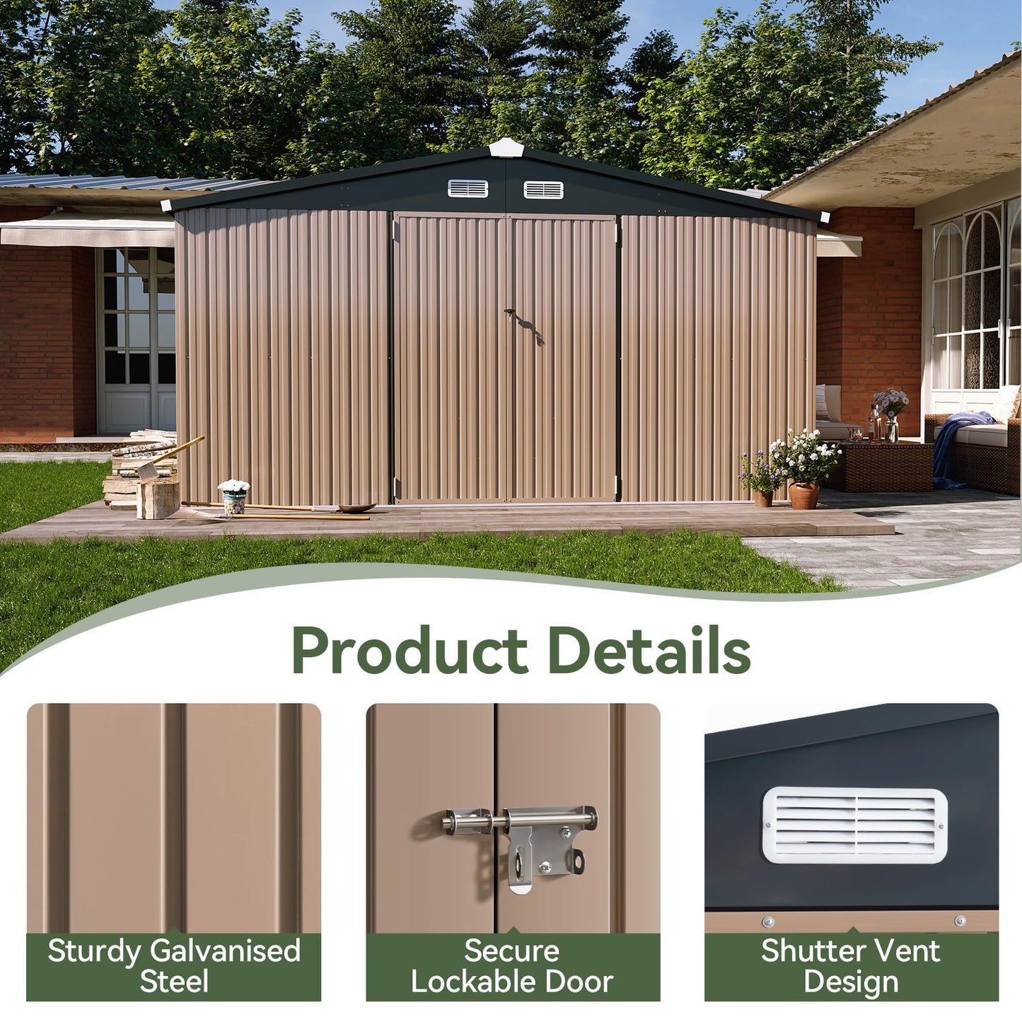 Aoxun 12x10 FT Shed Metal Outdoor Waterproof Storage Shed Steel Utility Garden Tool Shed with Door & Lock Outdoor Storage for Garden Patio Lawn Poolside, Brown