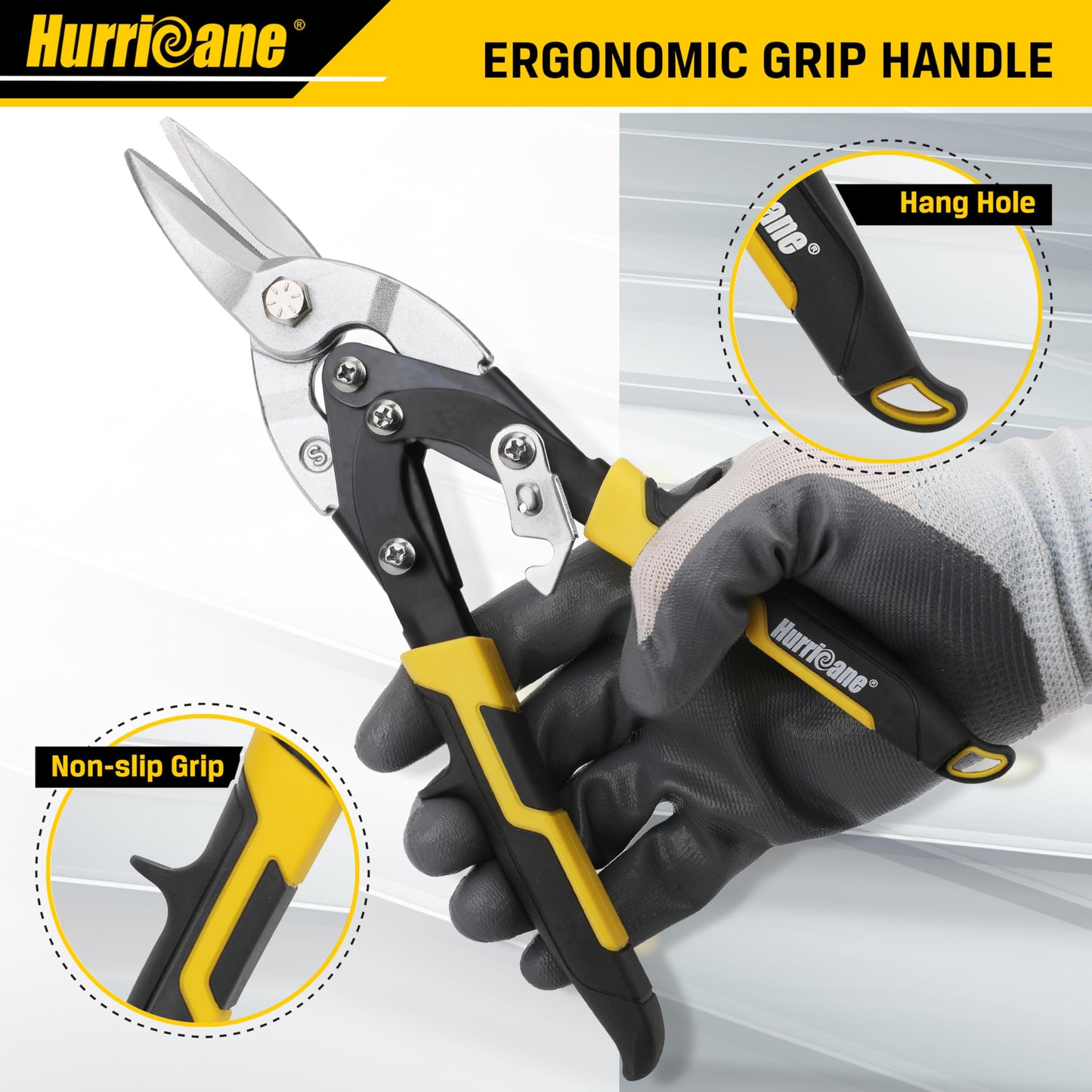 HURRICANE 3 pc Aviation Tin Snips Set, Metal Cutter Shear for Cut Sheet Metal, Chrome Vanadium Steel, Straight Left and Right, Ergonomical TyreGrip Handle with Hang Hole and Safety Latch