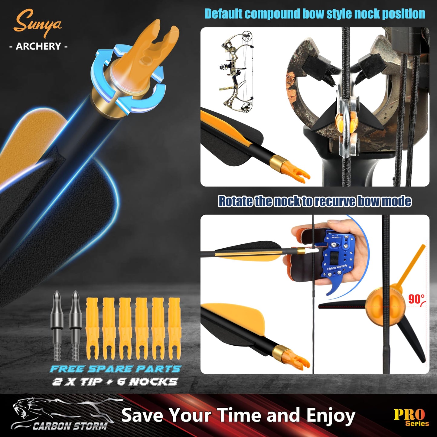 SUNYA Archery Compound Bow Arrows 12pcs Set. 30" Carbon Shaft, Spine 400 or 500 with Removable Tips