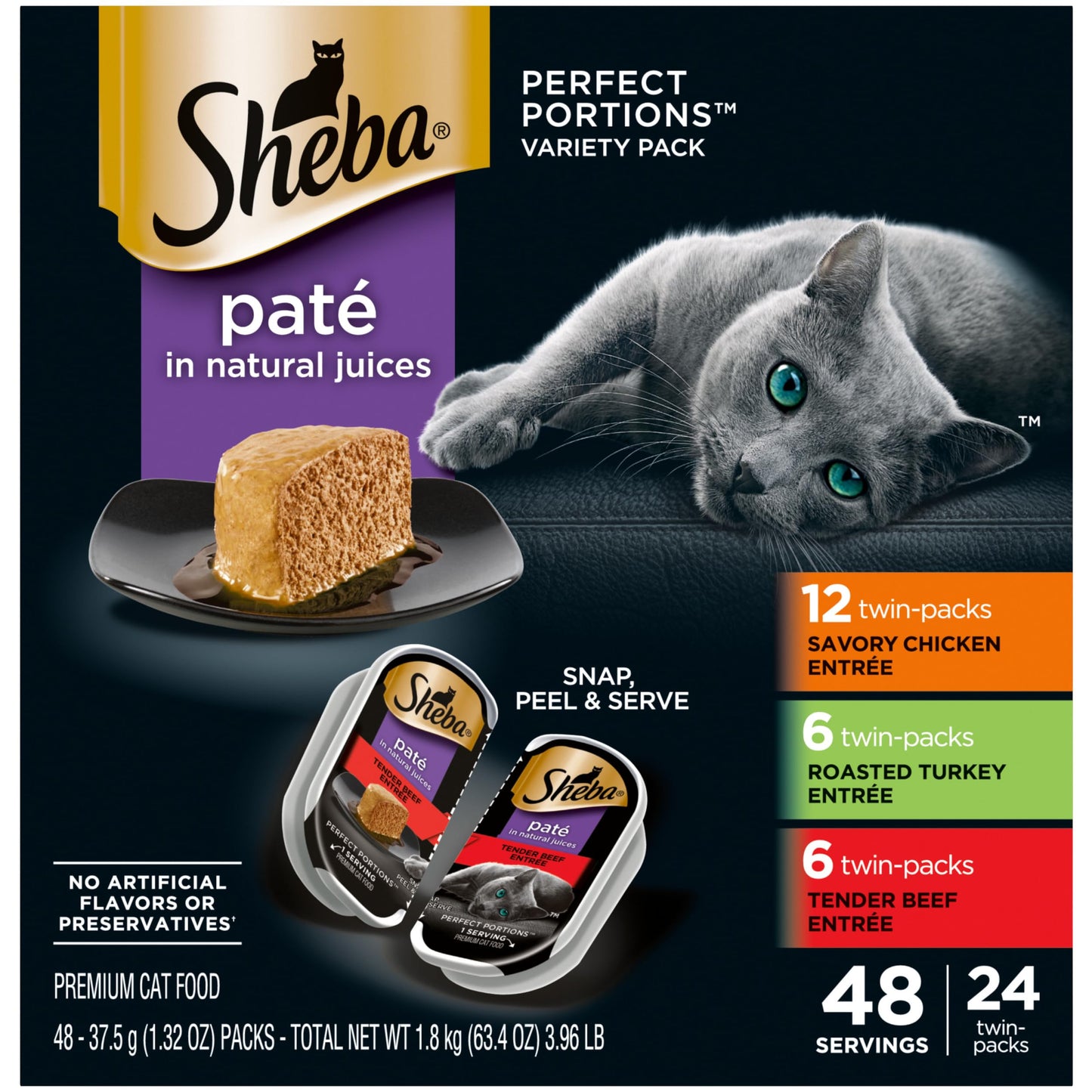 Sheba Perfect Portions Wet Cat Food Pate with Sustainable Salmon, Signature Seafood Entree, and Tender Whitefish and Tuna Entree Variety Pack, 2.6 oz. Twin Pack Trays (24 Count, 48 Servings)