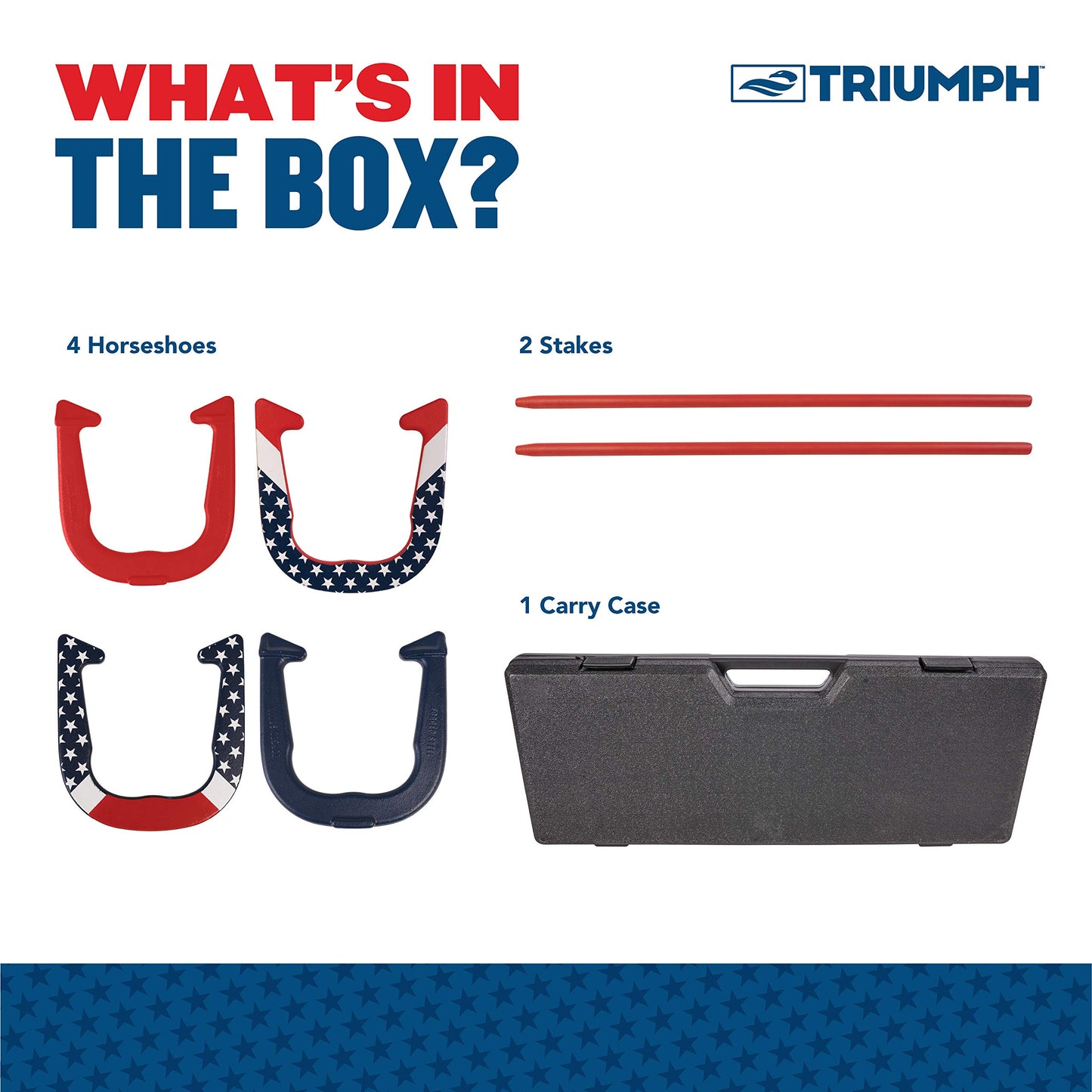 TRIUMPH SPORTS USA Patriotic Forged Horseshoe Set Complete with 4 Horseshoes, 2 Stakes and Hard Plastic Case with Locking Tabs for Transportation and Storage