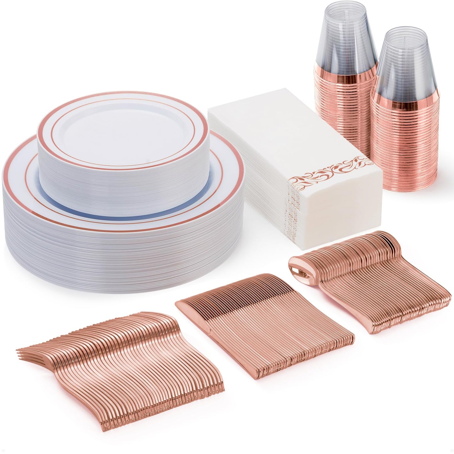Goodluck 700 Piece Silver Dinnerware Set for 100 Guests, Disposable Plastic Plates for Party, Include: 100 Dinner Plates, 100 Dessert Plates, 100 Paper Napkins, 100 Cups, 100 Silverware set