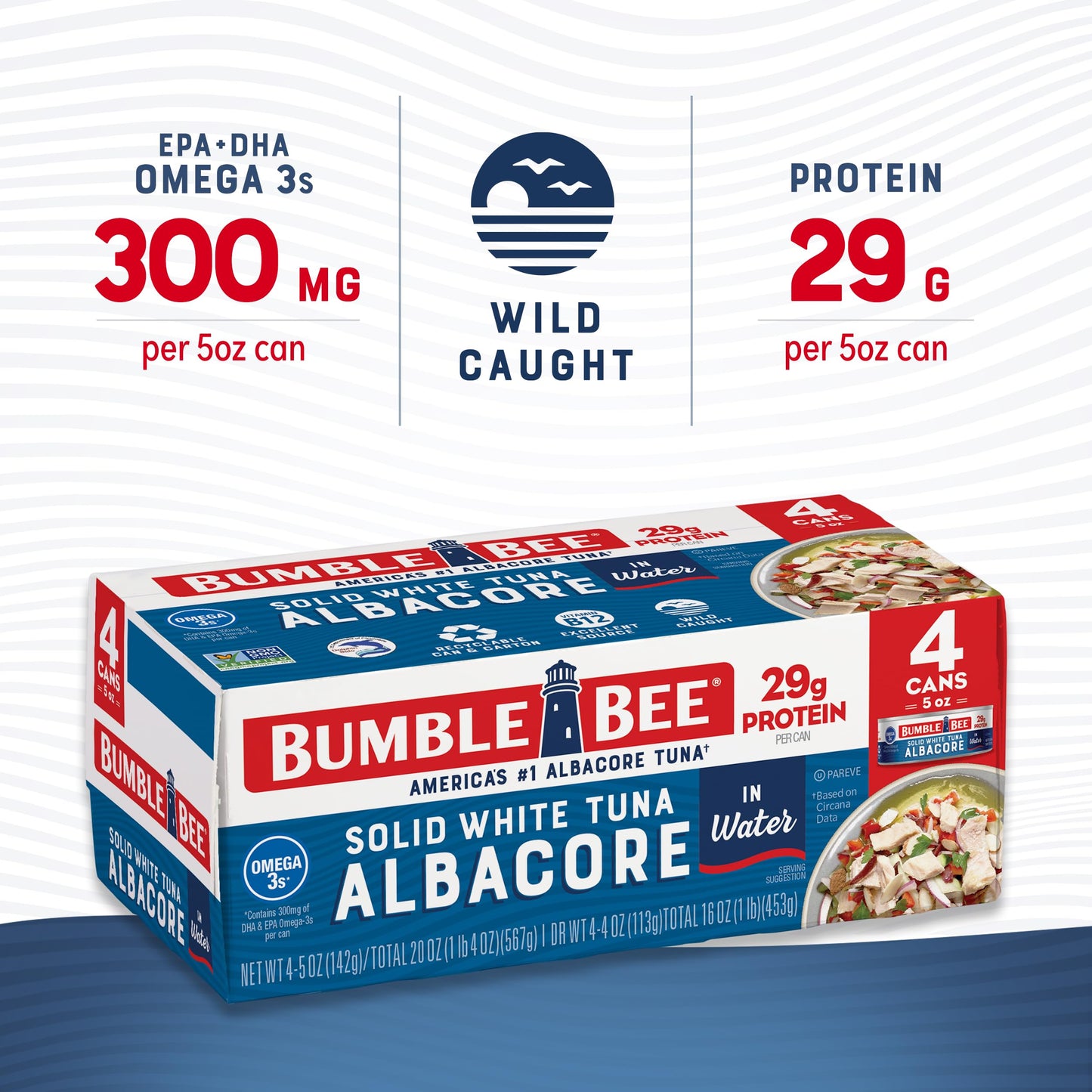 Bumble Bee Solid White Albacore Tuna in Water, 5 oz Can (Pack of 8) - Wild Caught Tuna - 29g Protein per Serving, High in Omega-3s - Non-GMO Project Verified, Gluten Free, Kosher