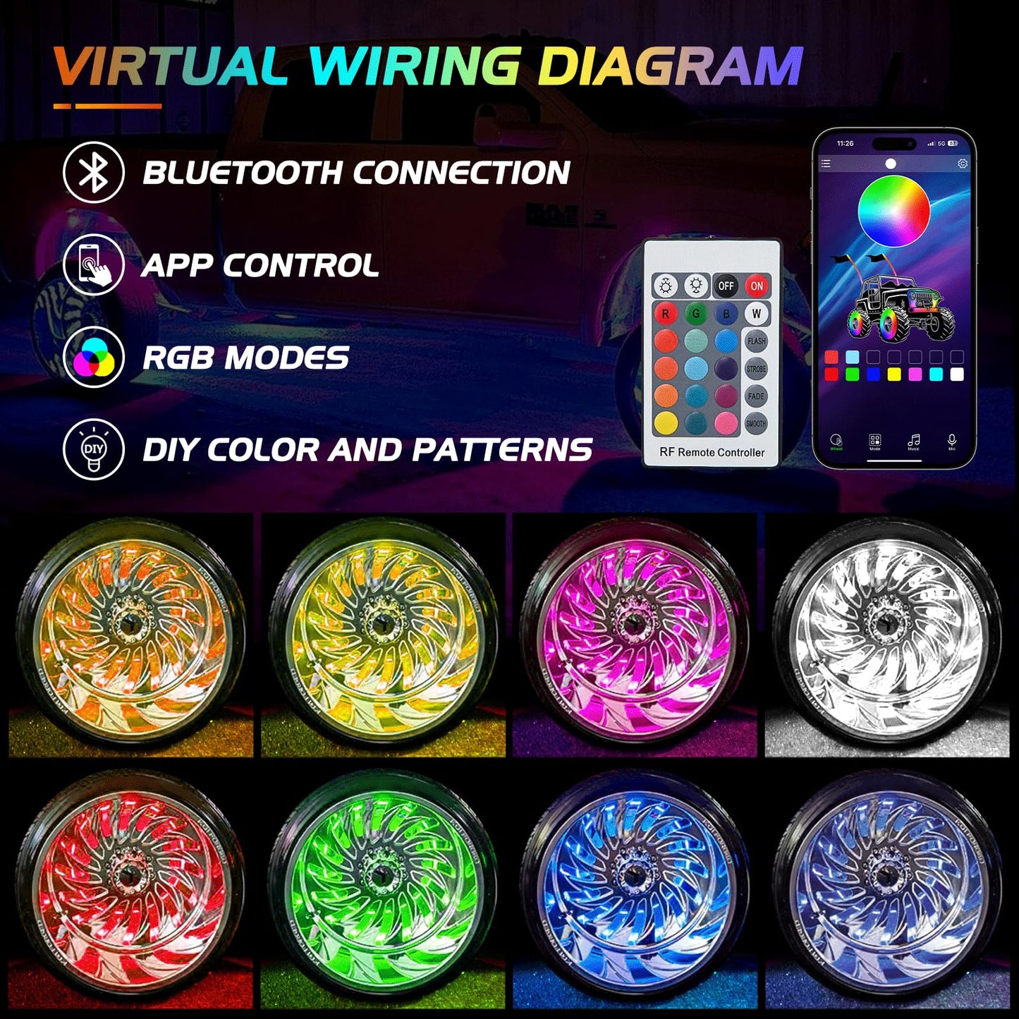 Nilight 4PCS 15.5inch LED Wheel Ring Lights RGB with APP and Remote Control Neon Lights Million Colors w/Turn Signal and Braking Function for Car Van SUV Truck