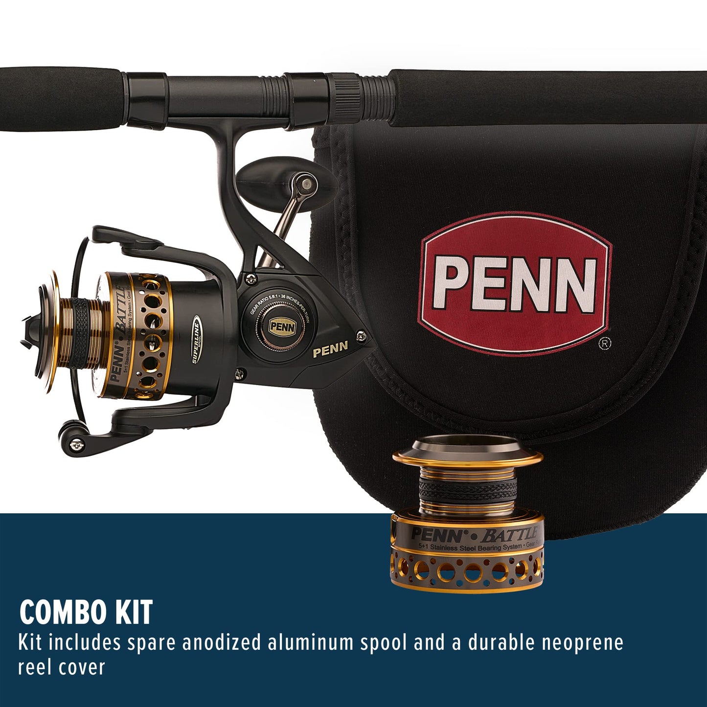 PENN Battle Spinning Reel and Fishing Rod Combo Kit with Spare Spool and Reel Cover, Black, 6000 - 9' - Medium Heavy - 2pc