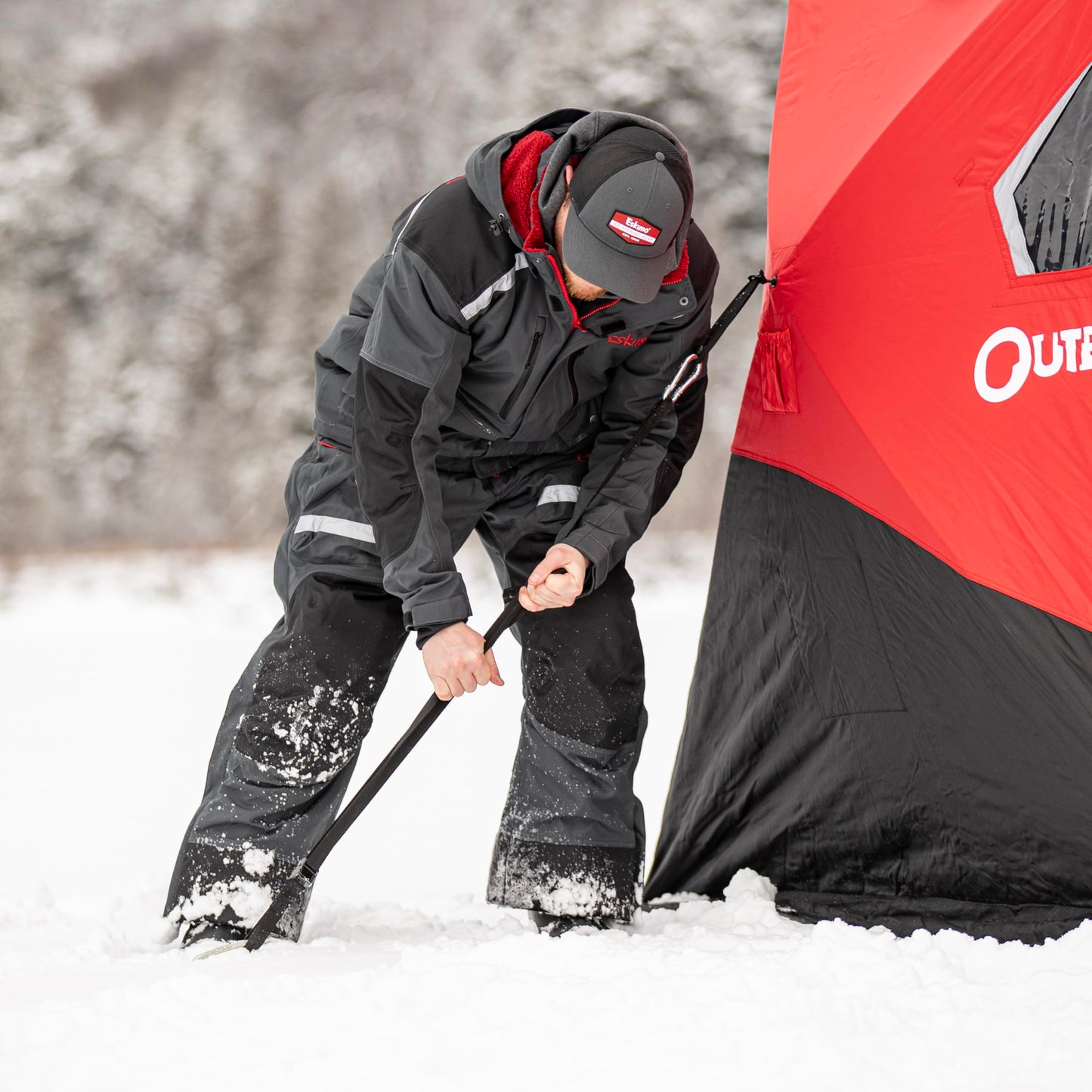 Eskimo Outbreak Portable Pop-Up Ice Fishing Shelter, Stormshield Insulated Fabric, No Trip Door, Durable Hub Design, Deluxe Tie Downs, Red/Black