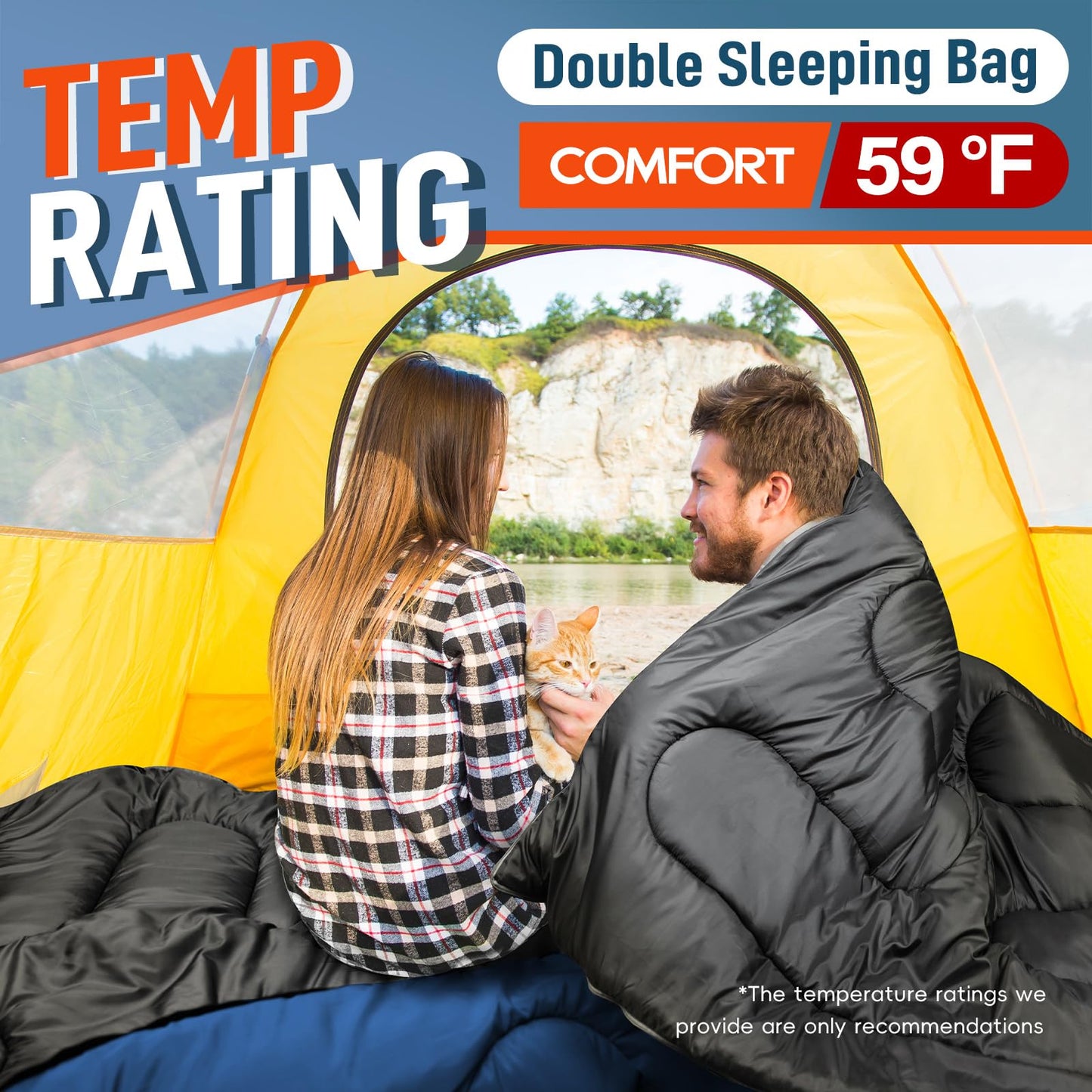 MEREZA Double Sleeping Bag for Adults Mens with Pillow, XL Queen Size Two Person Sleeping Bag for All Season Camping Hiking Backpacking 2 Person Sleeping Bags for Cold Weather & Warm