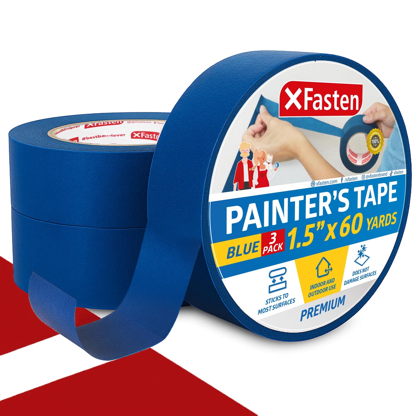 XFasten Blue Painters Tape Bulk 3-Inch x 60-Yards (12-Pack, 2160ft Total) Wall Safe Painters Tape 3 Inch Wide, Blue Masking Tape Bulk, Paint Tape for Walls, Painting, Automotive