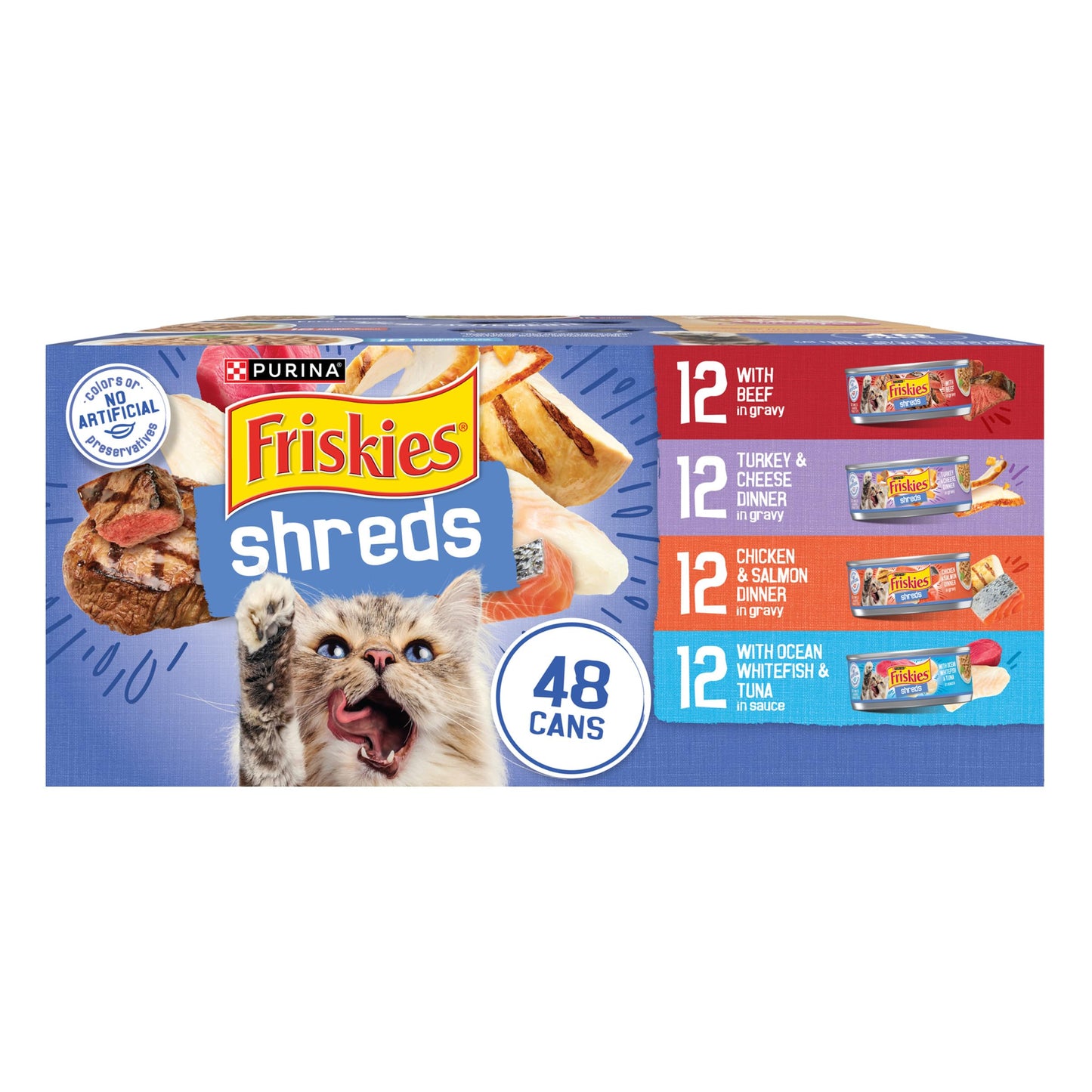 Purina Friskies Wet Cat Food Variety Pack, Shreds With Beef, Turkey and Cheese Dinner, Chicken and Salmon Dinner, and With Ocean Whitefish and Tuna - (Pack of 40) 5.5 oz. Cans