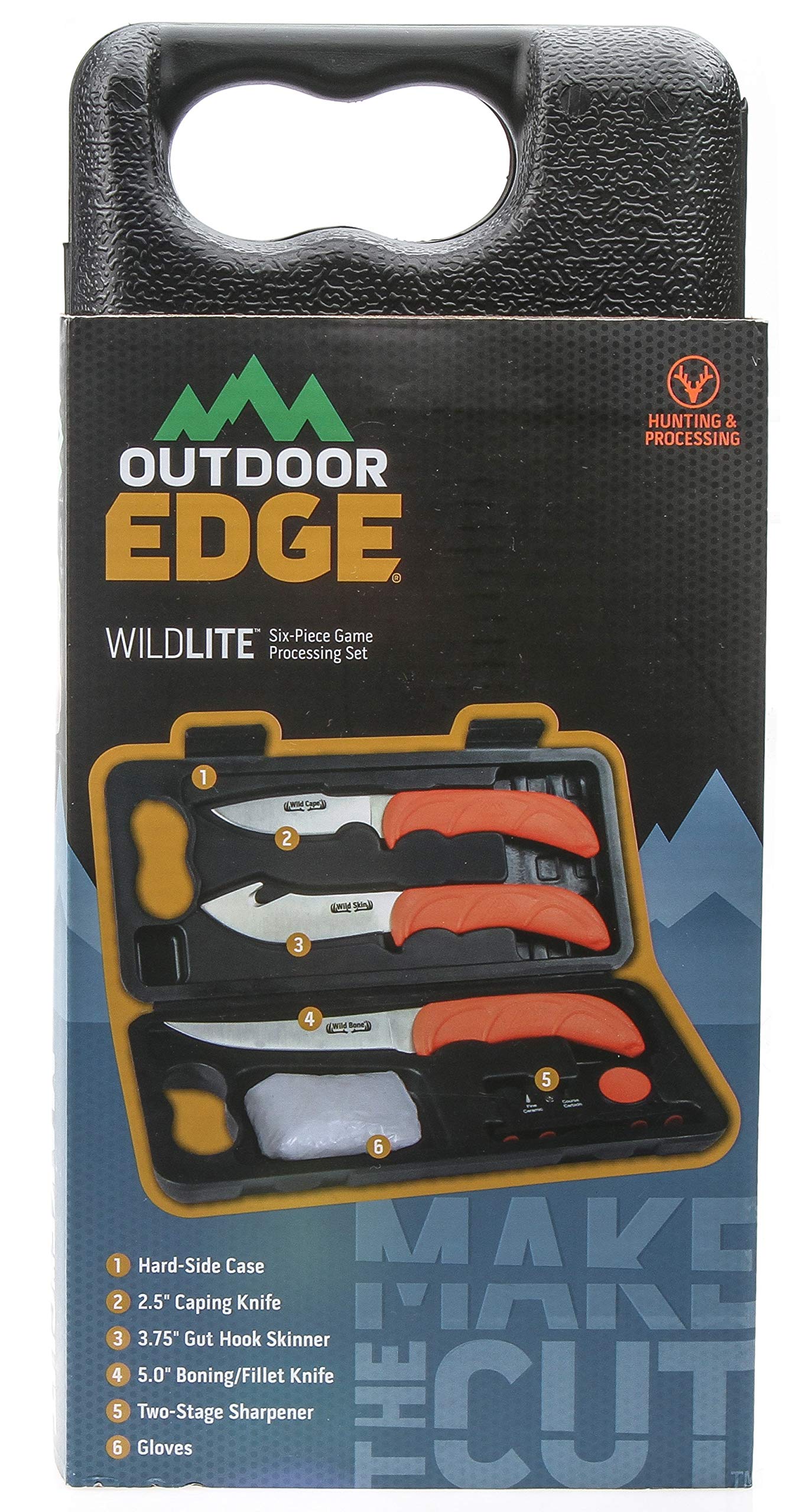 Outdoor Edge WildLite - 6-Piece Field to Freezer Hunting & Game Processing Knife Set with Gut Hook Knife, Caping Knife - Hunting Knives for Gutting Deer with Case - Deer Hunting Accessories