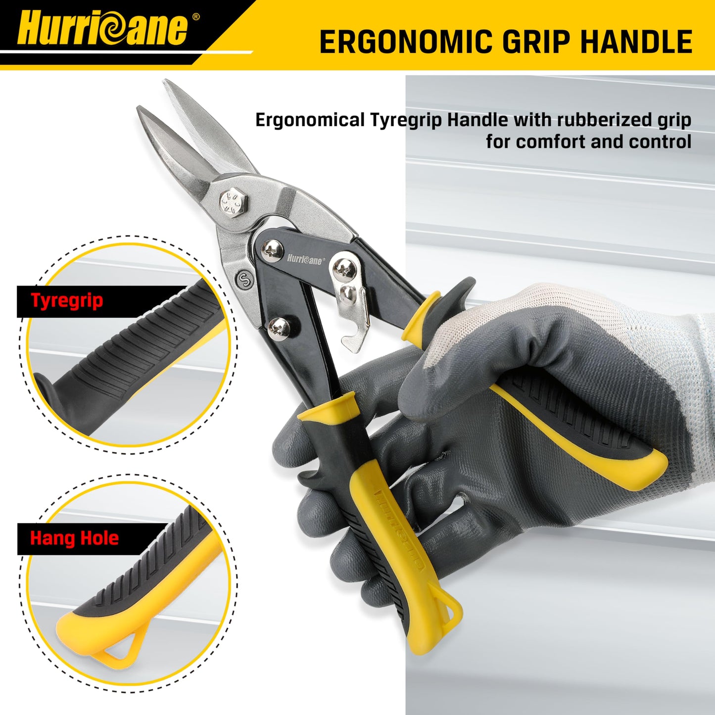 HURRICANE 3 pc Aviation Tin Snips Set, Metal Cutter Shear for Cut Sheet Metal, Chrome Vanadium Steel, Straight Left and Right, Ergonomical TyreGrip Handle with Hang Hole and Safety Latch