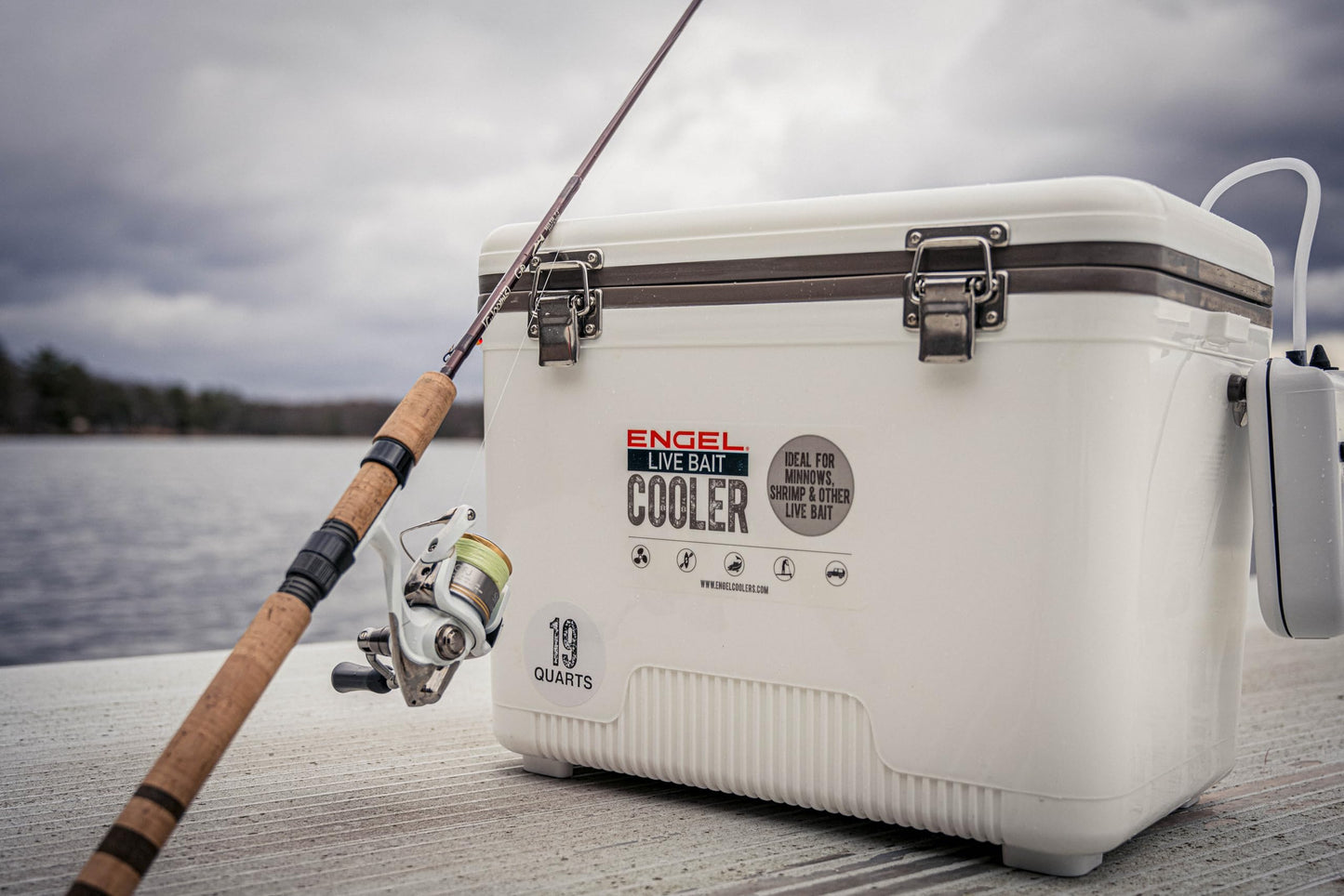 Engel Live Bait Cooler Box with 2nd Gen 2-Speed Aerator Pump - Portable Fishing Station & Minnow Bucket for Shrimp & Other Live Fish with Aerator - ENGLBC-N