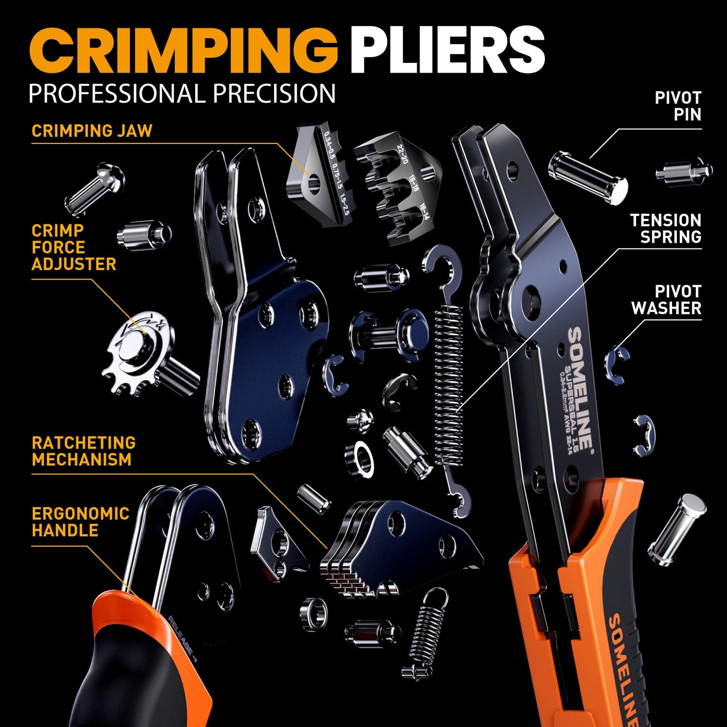 SOMELINE Crimping Tool Kit, Waterproof Automotive Electrical Connectors Electrical Wire Connectors Plug Kit 1/2/3/4/5 Pin Waterproof Connectors with 22-14 AWG Ratchet Crimping Tool and Removal Tools