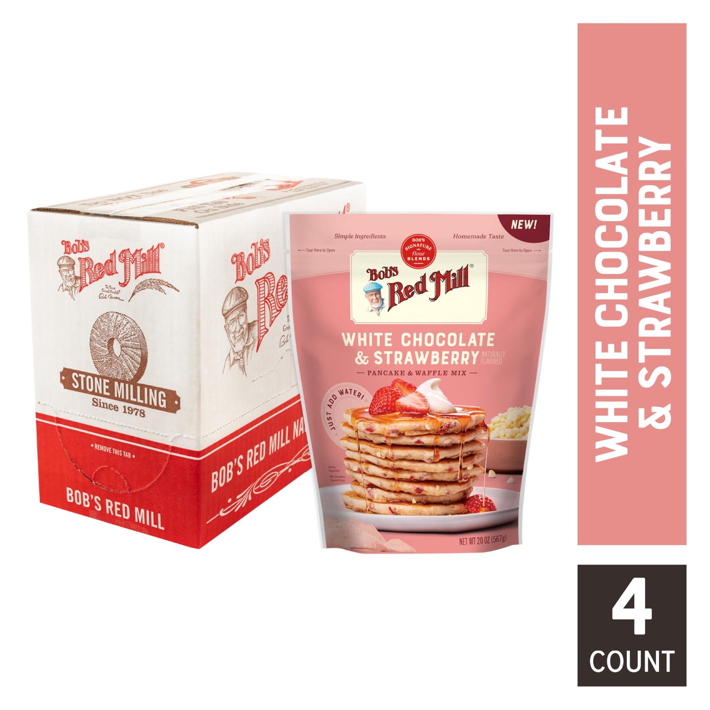 Bob's Red Mill White Chocolate & Strawberry Pancake Mix, 20oz (Pack of 4) - Just Add Water, Makes 32-40 Pancakes per Bag