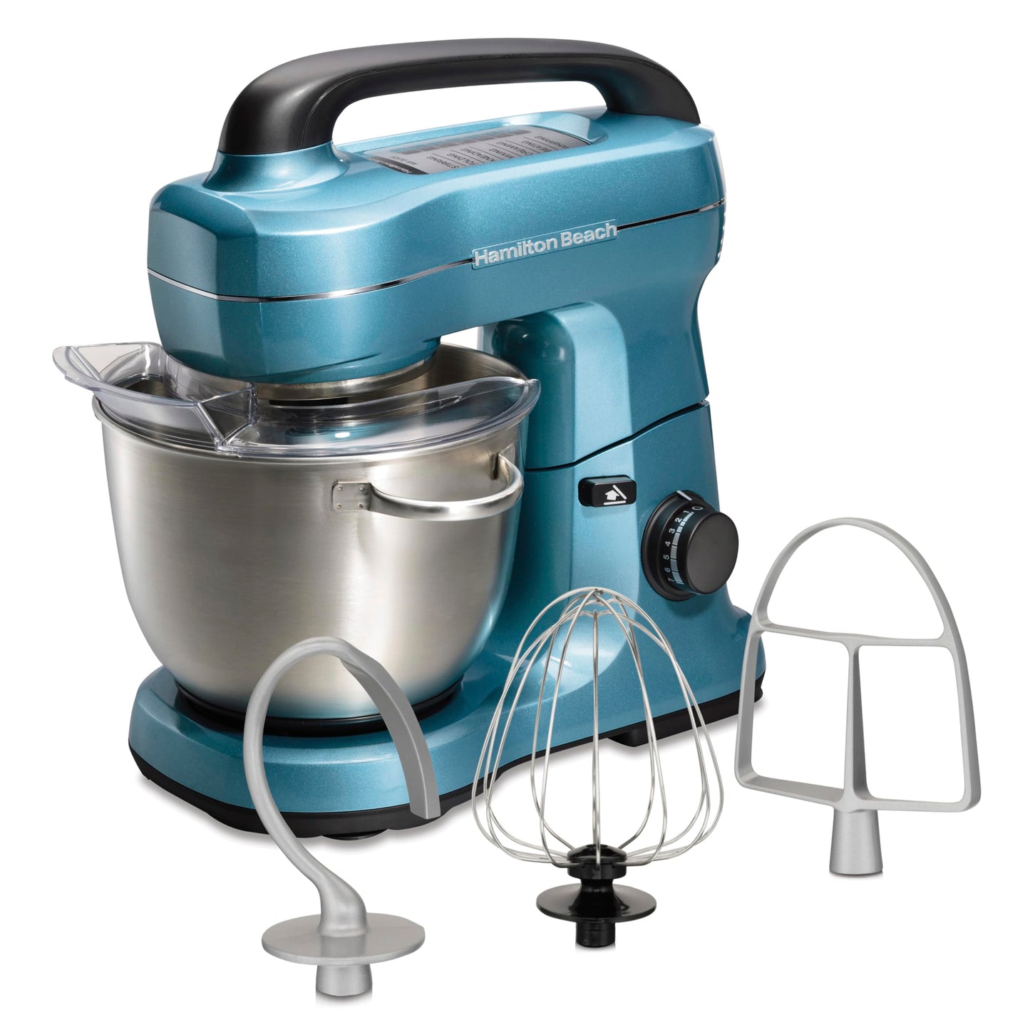 Hamilton Beach Electric Stand Mixer, 4 Quarts, Dough Hook, Flat Beater Attachments, Splash Guard, 7 Speeds with Whisk, Easy-Carry Top Handle, Blue