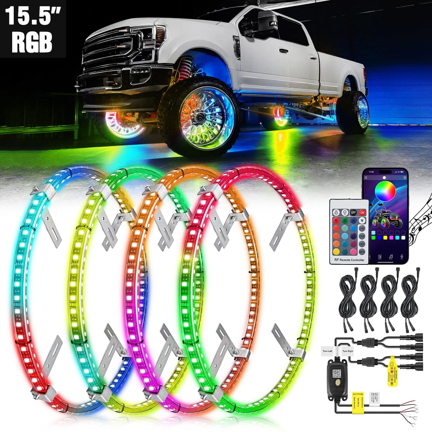 Nilight 4PCS 15.5inch LED Wheel Ring Lights RGB with APP and Remote Control Neon Lights Million Colors w/Turn Signal and Braking Function for Car Van SUV Truck