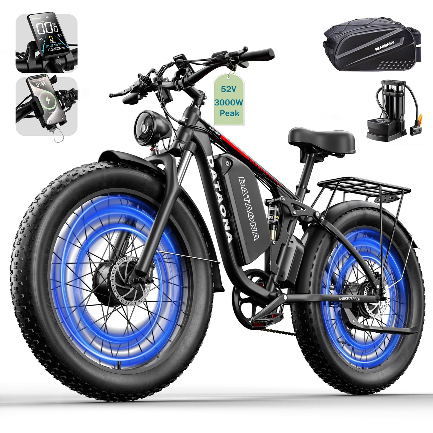Peak 3000W/5000W Dual Motor Ebike for Adults, 52V 23Ah/32Ah Battery, 37-45MPH Max Speed Up to 80-100 Miles Range, 7/21 Speed 24"/26" Fat Tire with Hydraulic Brake UL Certificated Electric Bike Bicycle