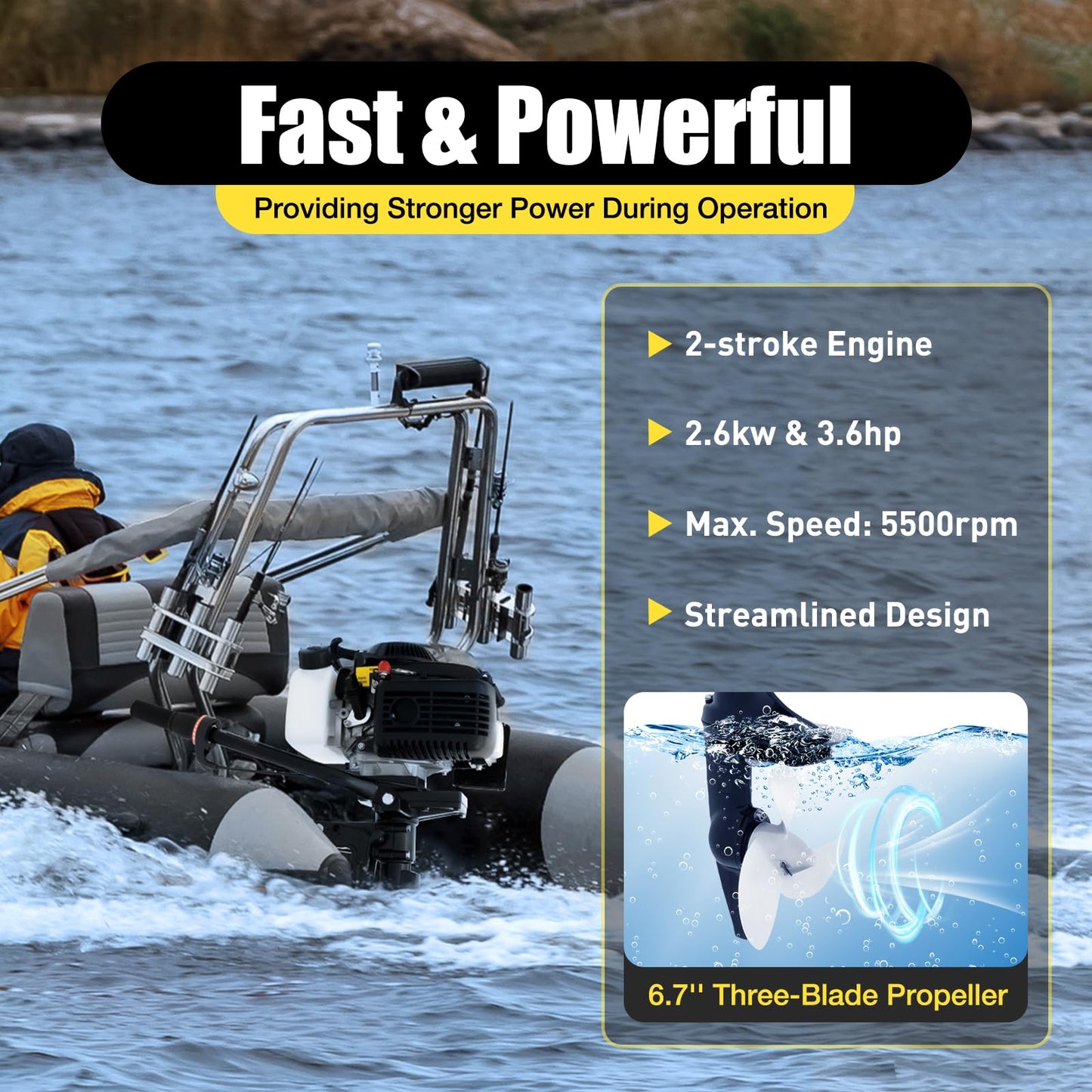 6HP Heavy Duty Outboard Motor, 170cc 4 Stroke Gas Outboard Boat Motor Engine with Air Cooling System, 3.2KW Single Cylinder Fishing Boat Engine for 3-7m Length