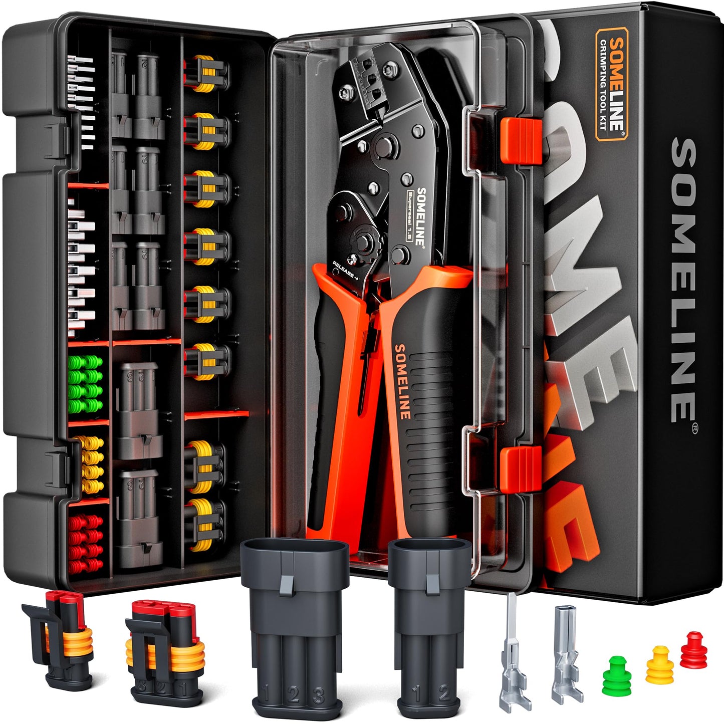 SOMELINE Crimping Tool Kit, Waterproof Automotive Electrical Connectors Electrical Wire Connectors Plug Kit 1/2/3/4/5 Pin Waterproof Connectors with 22-14 AWG Ratchet Crimping Tool and Removal Tools