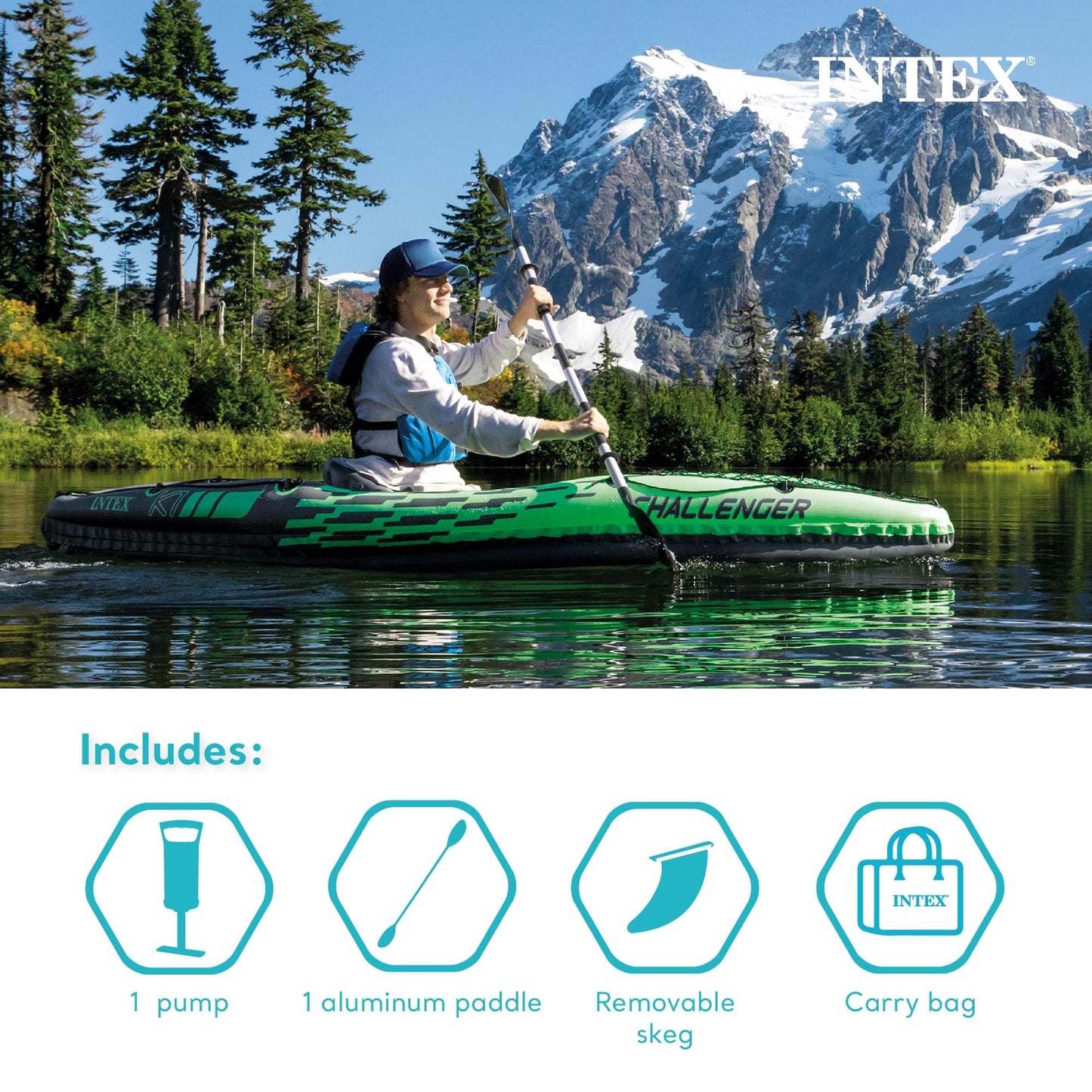INTEX Challenger Inflatable Kayak Series: Includes Deluxe 86in Kayak Paddles and High-Output Pump – SuperStrong PVC – Adjustable Seat with Backrest – Removable Skeg – Cargo Storage Net