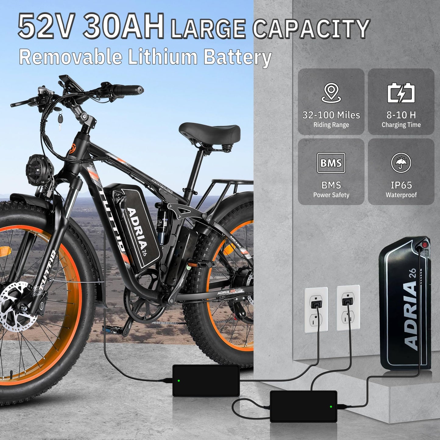 Peak 5000W-Electric-Bike for Adults-Men, Dual-Motor-Ebike 40-46MPH-Hunting-Ebike, 52V 30AH Long Range Dirtbike, 26" Fat-Tire-Electric-Bicycle, Full Suspension Mountain Bike for Off-Road Snow Sand