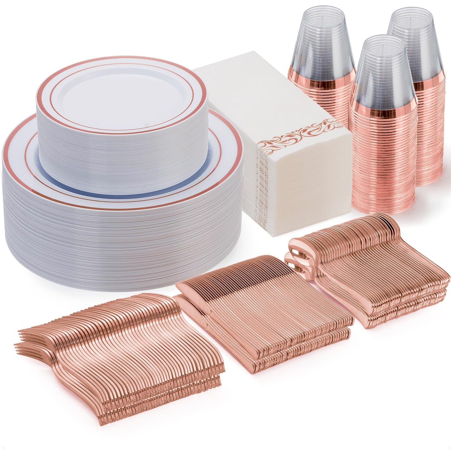 Goodluck 700 Piece Silver Dinnerware Set for 100 Guests, Disposable Plastic Plates for Party, Include: 100 Dinner Plates, 100 Dessert Plates, 100 Paper Napkins, 100 Cups, 100 Silverware set