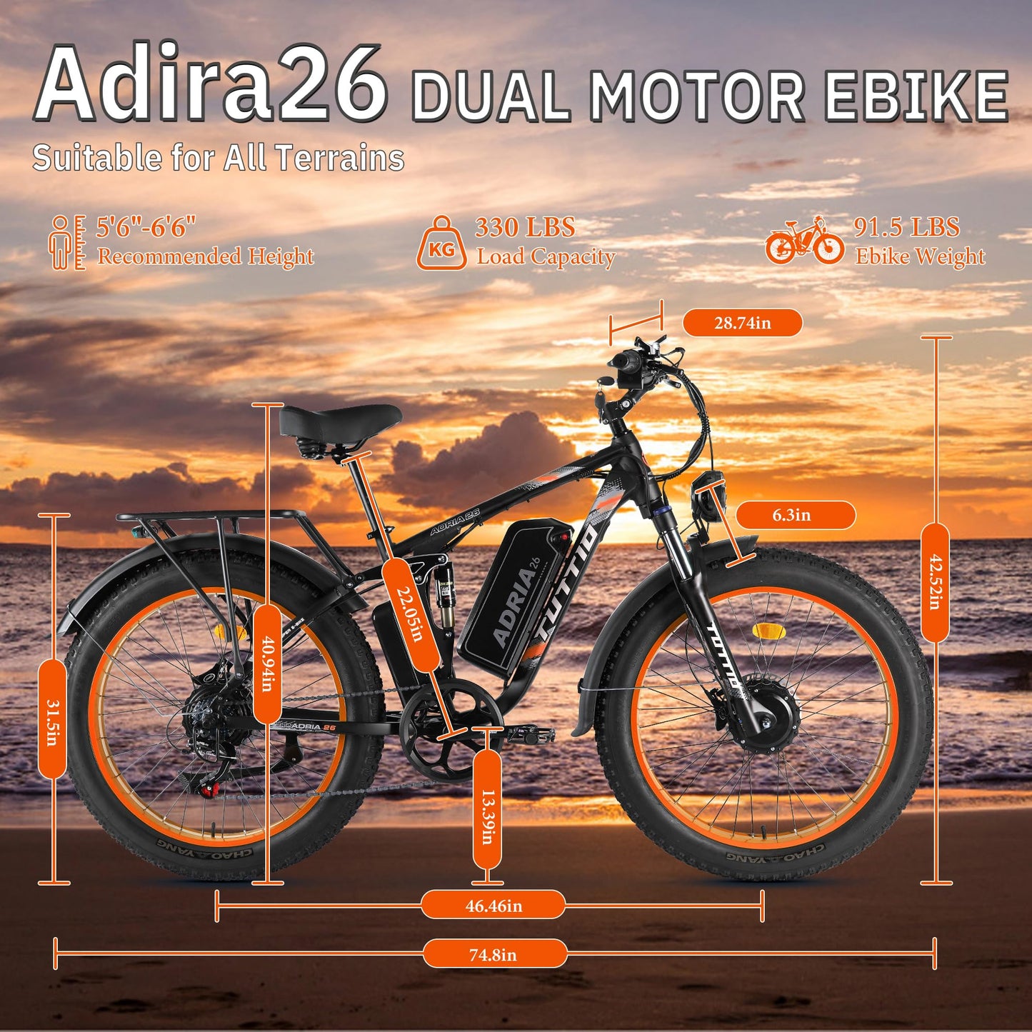 Peak 5000W-Electric-Bike for Adults-Men, Dual-Motor-Ebike 40-46MPH-Hunting-Ebike, 52V 30AH Long Range Dirtbike, 26" Fat-Tire-Electric-Bicycle, Full Suspension Mountain Bike for Off-Road Snow Sand
